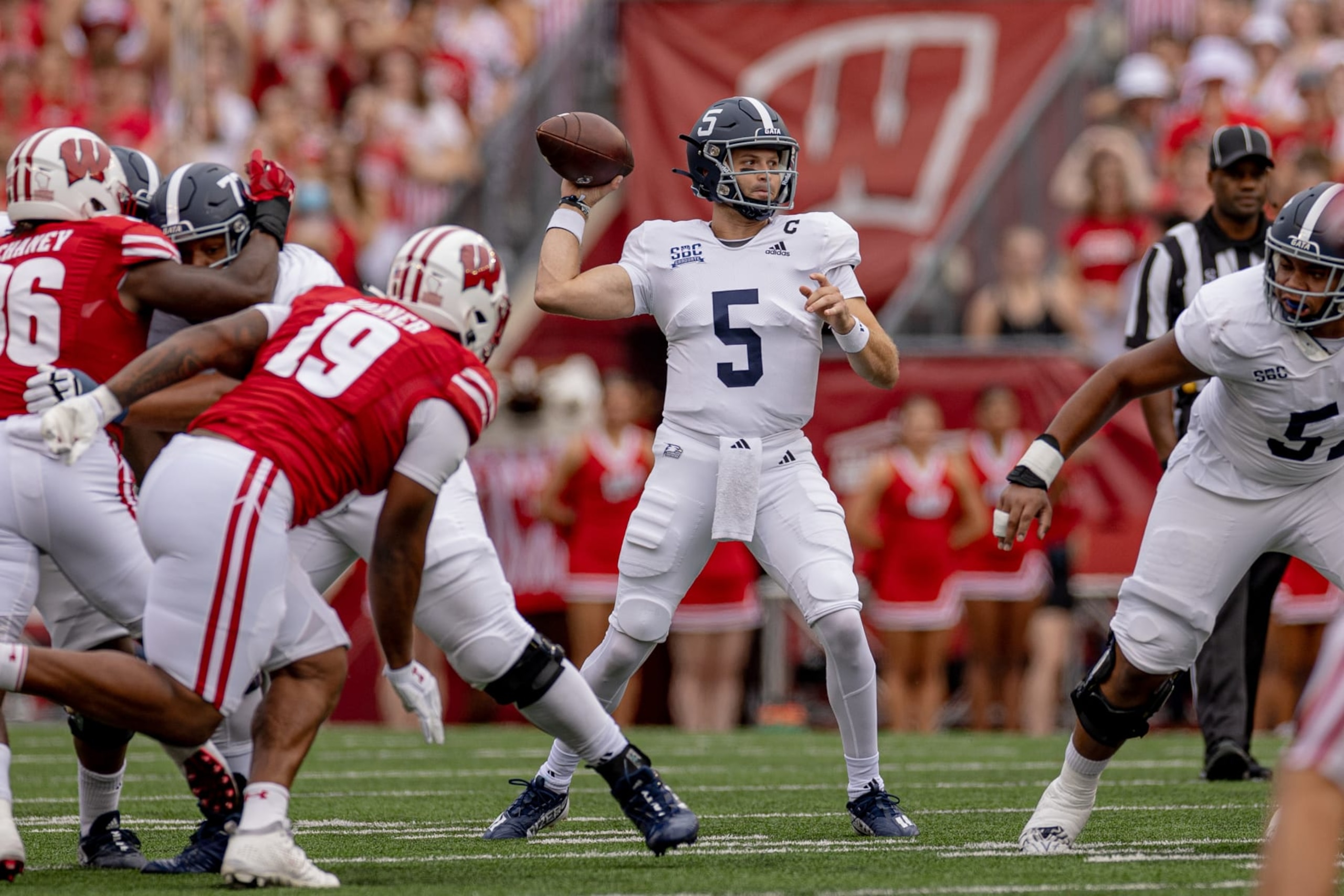 MADISON, WI - SEPTEMBER 16: Georgia Southern Eagles quarterback Davis Brin (5) throws a pass durning a college football game between the Georgia Southern Eagles and the Wisconsin Badgers on September 16th, 2023 at Barry Alvarez field at Camp Randall Stadium in Madison, WI. (Photo by Dan Sanger/Icon Sportswire via Getty Images) MADISON, WI - SEPTEMBER 16: Georgia Southern Eagles quarterback Davis Brin (5) throws a pass durning a college football game between the Georgia Southern Eagles and the Wisconsin Badgers on September 16th, 2023 at Barry Alvarez field at Camp Randall Stadium in Madison, WI. (Photo by Dan Sanger/Icon Sportswire via Getty Images)