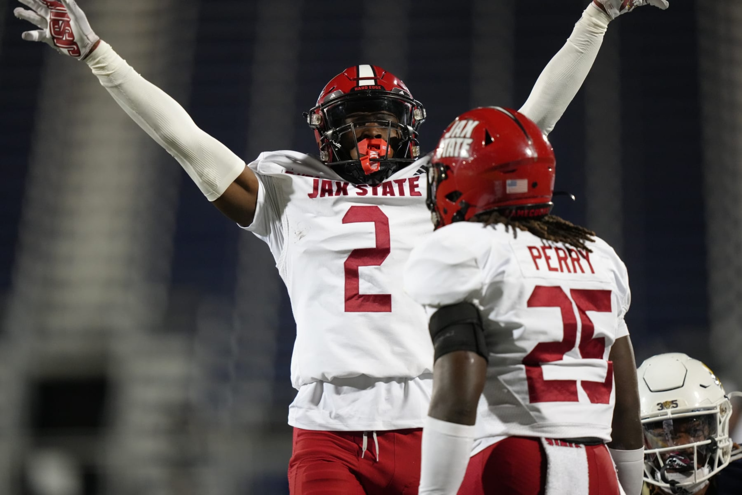 MIAMI, FL - OCTOBER 25: Jacksonville State Gamecocks cornerback Marco Baker (2) celebrates his broken up pass during the game between the Jacksonville State Gamecocks and the Florida International (FIU) Golden Panthers on Wednesday, October 25, 202 at Ricardo Silva Stadium, Miami, Fla. (Photo by Peter Joneleit/Icon Sportswire via Getty Images) MIAMI, FL - OCTOBER 25: Jacksonville State Gamecocks cornerback Marco Baker (2) celebrates his broken up pass during the game between the Jacksonville State Gamecocks and the Florida International (FIU) Golden Panthers on Wednesday, October 25, 202 at Ricardo Silva Stadium, Miami, Fla. (Photo by Peter Joneleit/Icon Sportswire via Getty Images)