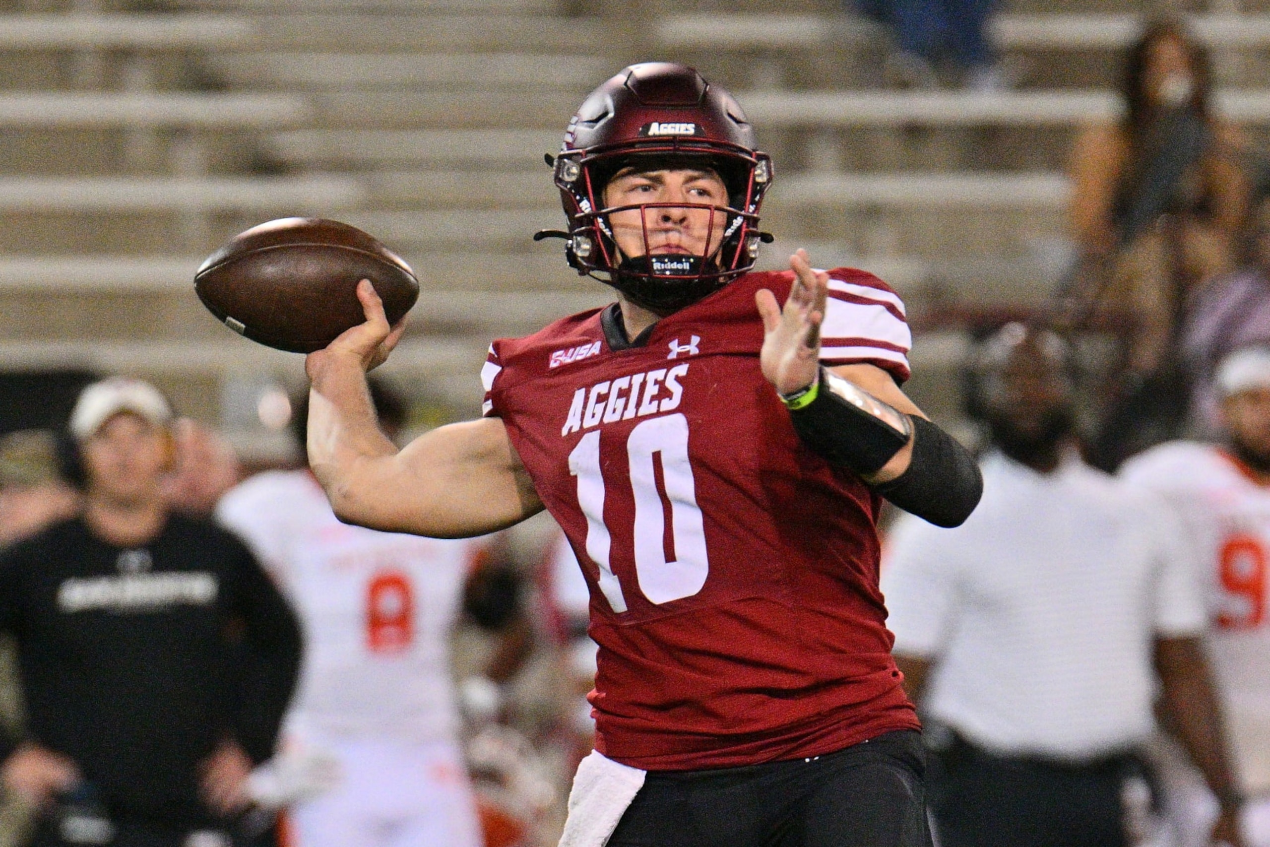 LAS CRUCES, NEW MEXICO - OCTOBER 11: quarterback Diego Pavia #10 of the New Mexico State Aggies passes against the Sam Houston Bearkats during the second half of their game at Aggie Memorial Stadium on October 11, 2023 in Las Cruces, New Mexico. The Aggies defeated the Bearkats 27-13. (Photo by Sam Wasson/Getty Images) LAS CRUCES, NEW MEXICO - OCTOBER 11: quarterback Diego Pavia #10 of the New Mexico State Aggies passes against the Sam Houston Bearkats during the second half of their game at Aggie Memorial Stadium on October 11, 2023 in Las Cruces, New Mexico. The Aggies defeated the Bearkats 27-13. (Photo by Sam Wasson/Getty Images)