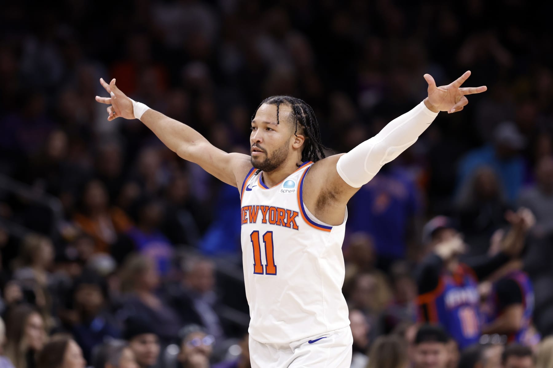 PHOENIX, ARIZONA - DECEMBER 15: Jalen Brunson #11 of the New York Knicks reacts after hitting a three point basket during the second half against the Phoenix Suns at Footprint Center on December 15, 2023 in Phoenix, Arizona. NOTE TO USER: User expressly acknowledges and agrees that, by downloading and or using this photograph, User is consenting to the terms and conditions of the Getty Images License Agreement.  (Photo by Chris Coduto/Getty Images)