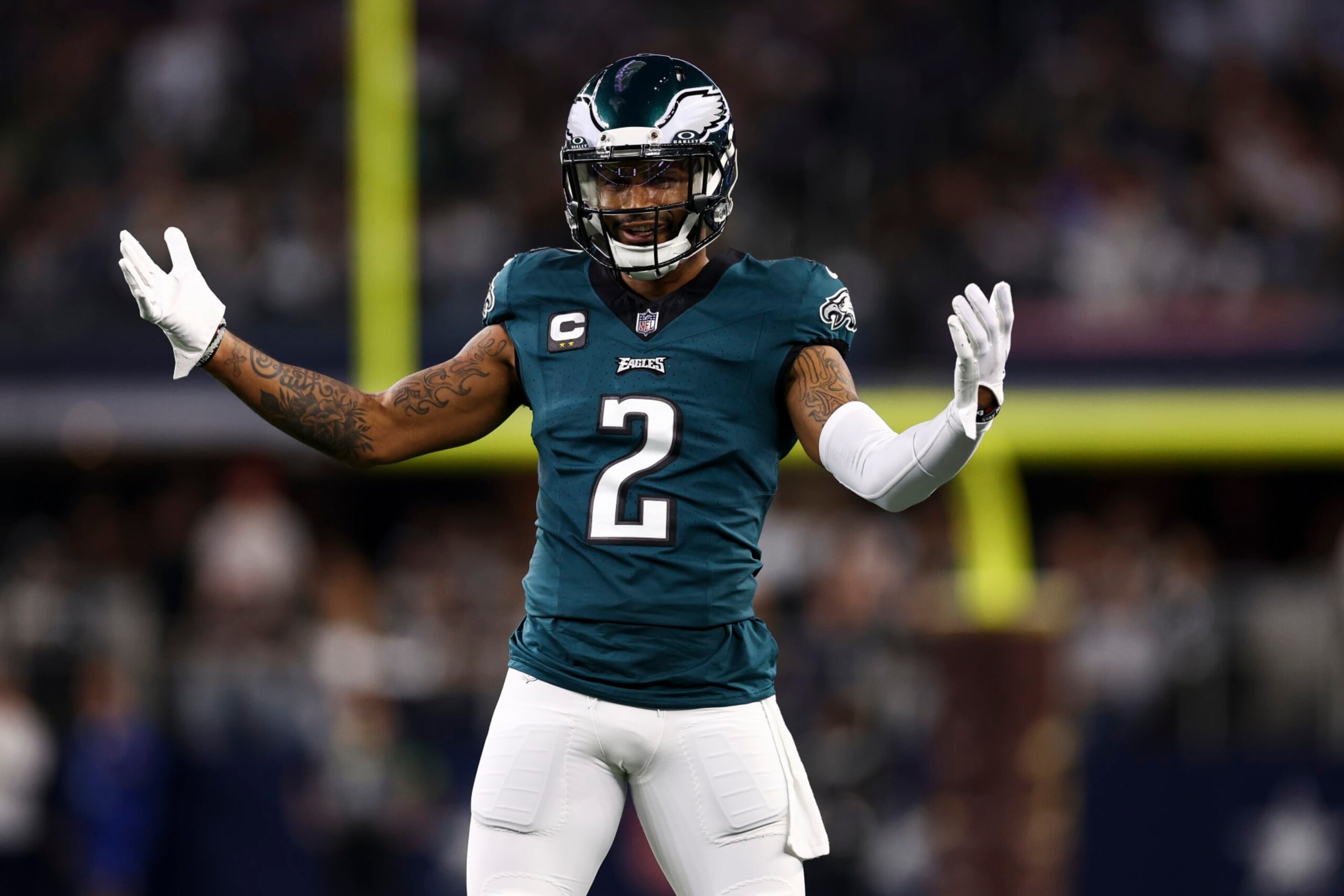 ARLINGTON, TX - DECEMBER 10: Darius Slay #2 of the Philadelphia Eagles reacts after a play during an NFL football game against the Dallas Cowboys at AT&T Stadium on December 10, 2023 in Arlington, Texas. (Photo by Kevin Sabitus/Getty Images)