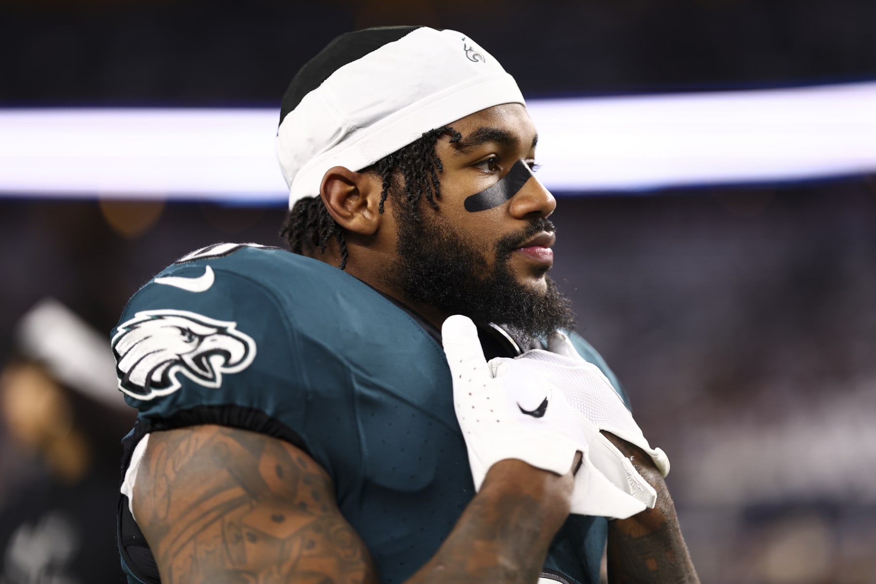 ARLINGTON, TX - DECEMBER 10: D'Andre Swift #0 of the Philadelphia Eagles looks on prior to an NFL football game against the Dallas Cowboys at AT&T Stadium on December 10, 2023 in Arlington, Texas. (Photo by Kevin Sabitus/Getty Images)