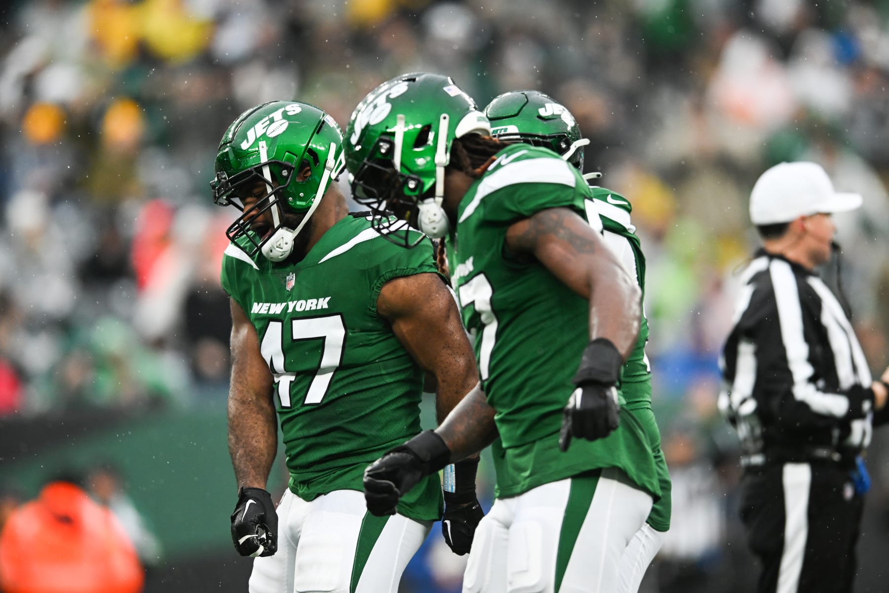 EAST RUTHERFORD, NJ - DECEMBER 10: Bryce Huff #47 of the New York Jets reacts after a defensive stop during the first half against the Houston Texans at MetLife Stadium on December 10, 2023 in East Rutherford, New Jersey. (Photo by Kathryn Riley/Getty Images)