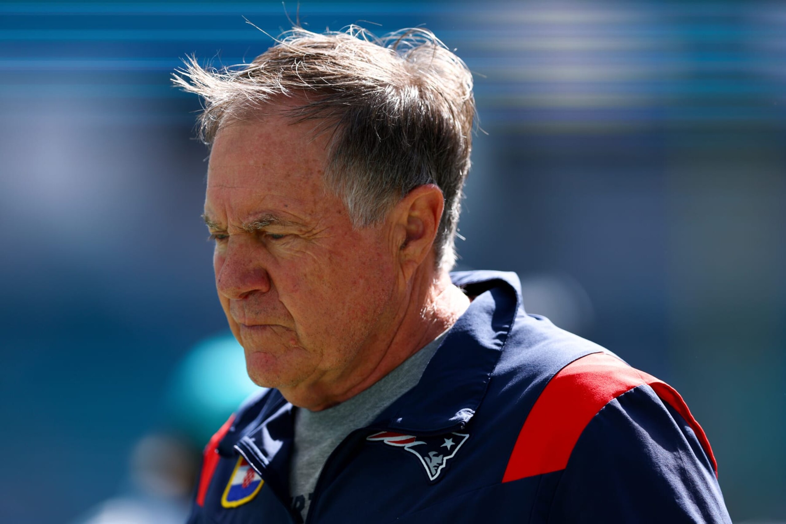 MIAMI GARDENS, FLORIDA - OCTOBER 29: Head coach Bill Belichick of the New England Patriots looks on prior to a game against the Miami Dolphins at Hard Rock Stadium on October 29, 2023 in Miami Gardens, Florida. (Photo by Megan Briggs/Getty Images)