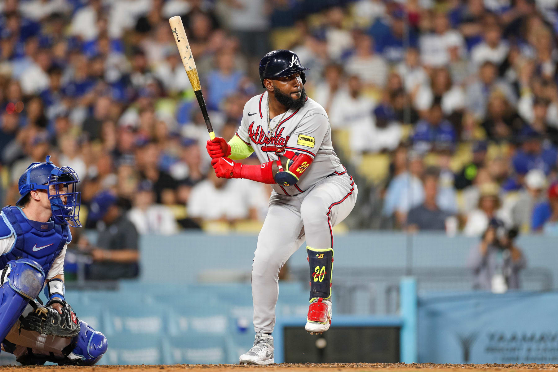 LOS ANGELES, CALIFORNIA - AUGUST 31: Marcell Ozuna #20 of the Atlanta Braves at bat during the fifth inning against the Los Angeles Dodgers at Dodger Stadium on August 31, 2023 in Los Angeles, California. (Photo by Brandon Sloter/Image Of Sport/Getty Images)