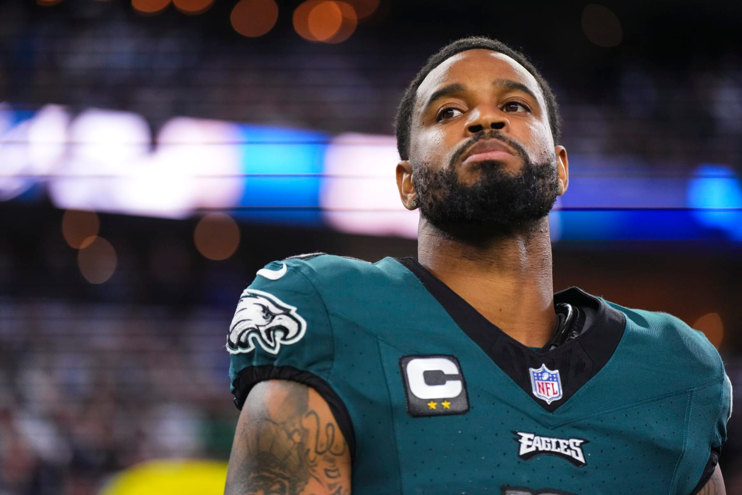 ARLINGTON, TX - DECEMBER 10: Darius Slay #2 of the Philadelphia Eagles looks on from the sideline prior to an NFL football game against the Dallas Cowboys at AT&T Stadium on December 10, 2023 in Arlington, Texas. (Photo by Cooper Neill/Getty Images)