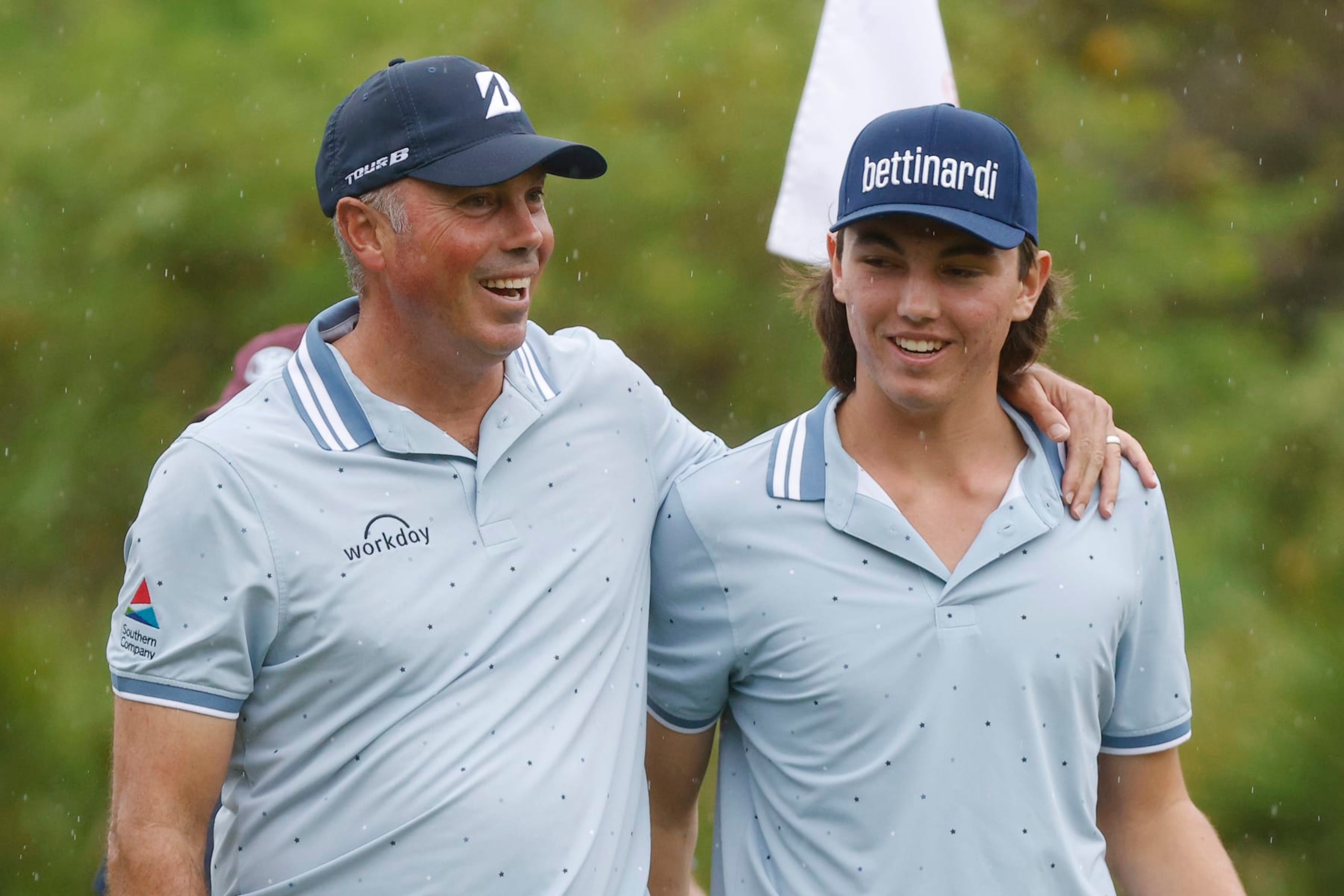 ORLANDO, FLORIDA - DECEMBER 16: Matt Kuchar of the United States embraces his son Cameron Kuchar on the ninth green during the first round of the PNC Championship at The Ritz-Carlton Golf Club on December 16, 2023 in Orlando, Florida. (Photo by Mike Mulholland/Getty Images) ORLANDO, FLORIDA - DECEMBER 16: Matt Kuchar of the United States embraces his son Cameron Kuchar on the ninth green during the first round of the PNC Championship at The Ritz-Carlton Golf Club on December 16, 2023 in Orlando, Florida. (Photo by Mike Mulholland/Getty Images)