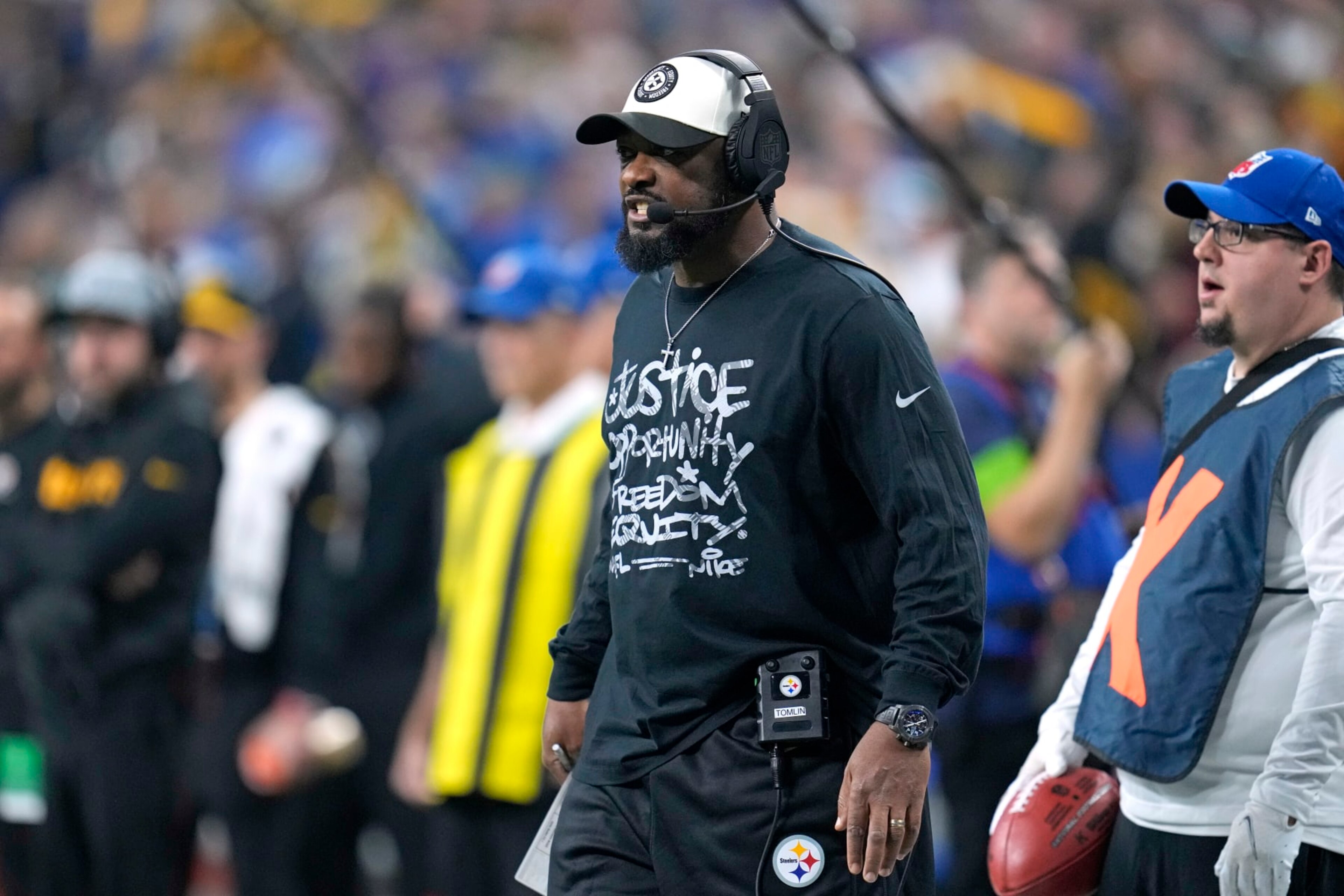 Pittsburgh Steelers head coach Mike Tomlin stands on the sidelines during the first half of an NFL football game against the Indianapolis Colts in Indianapolis Saturday, Dec. 16, 2023. (AP Photo/Michael Conroy)