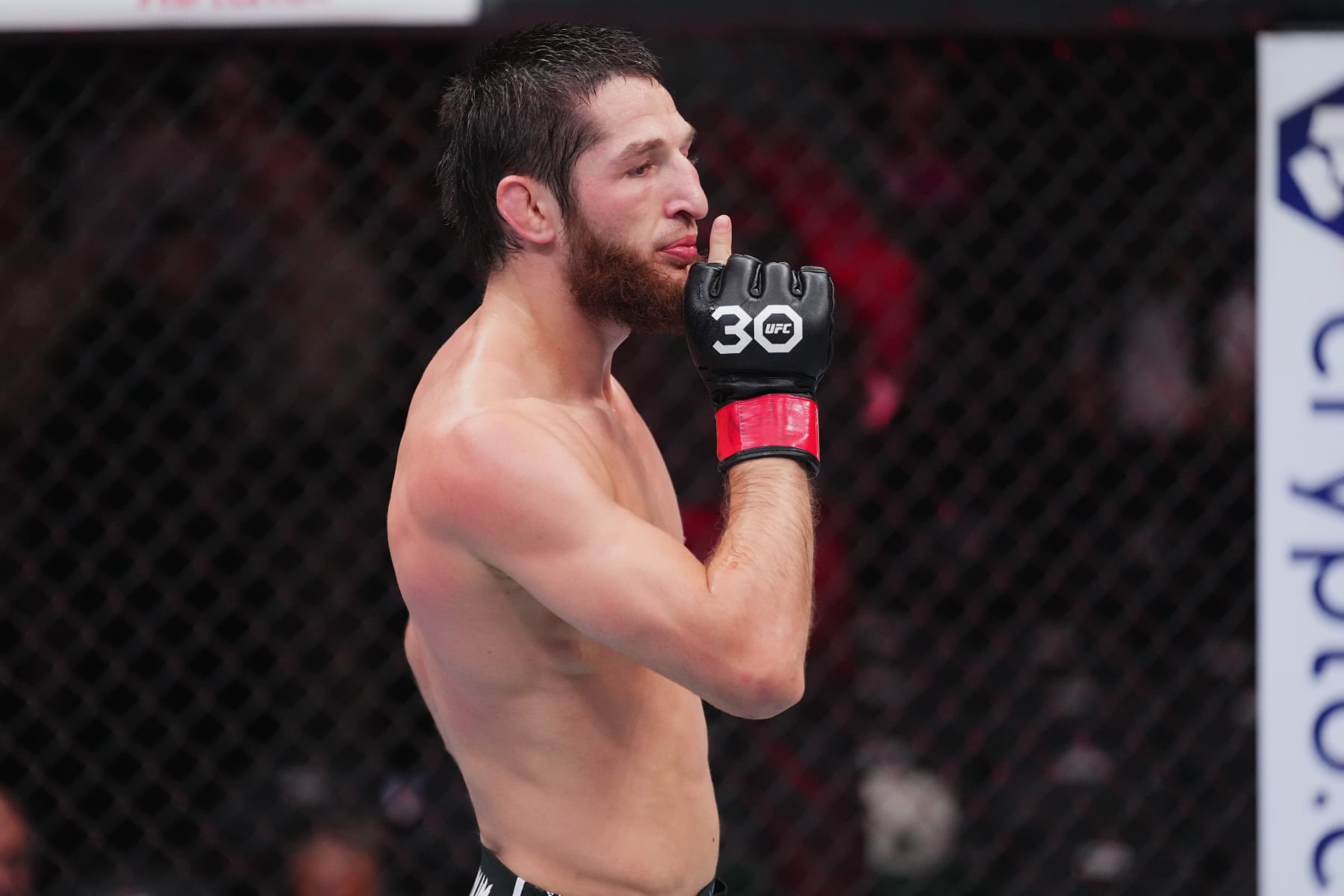 LAS VEGAS, NEVADA - DECEMBER 16: Tagir Ulanbekov of Russia reacts to his win in a flyweight fight during the UFC 296 event at T-Mobile Arena on December 16, 2023 in Las Vegas, Nevada. (Photo by Jeff Bottari/Zuffa LLC via Getty Images)