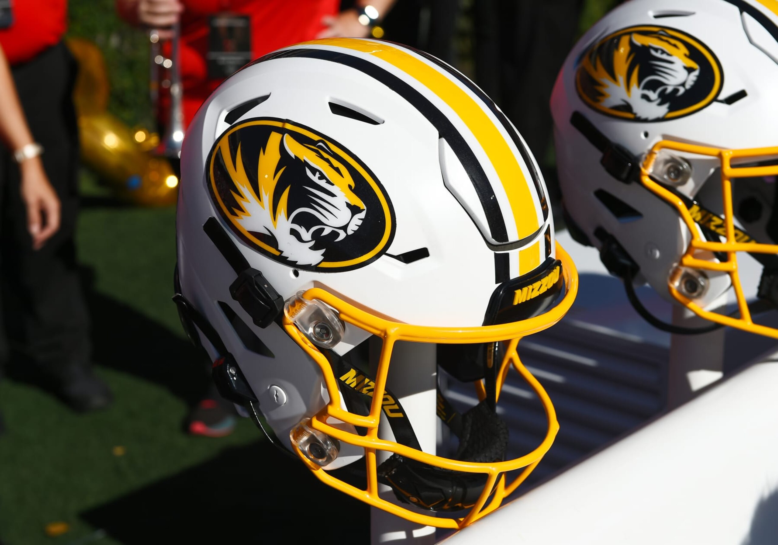 ATHENS, GA - NOVEMBER 04: A Missouri Tigers football helmet sits on the sideline prior to the college football game between the Missouri Tigers and the Georgia Bulldogs on November 04, 2023, at Sanford Stadium in Athens, GA. (Photo by Jeffrey Vest/Icon Sportswire via Getty Images)