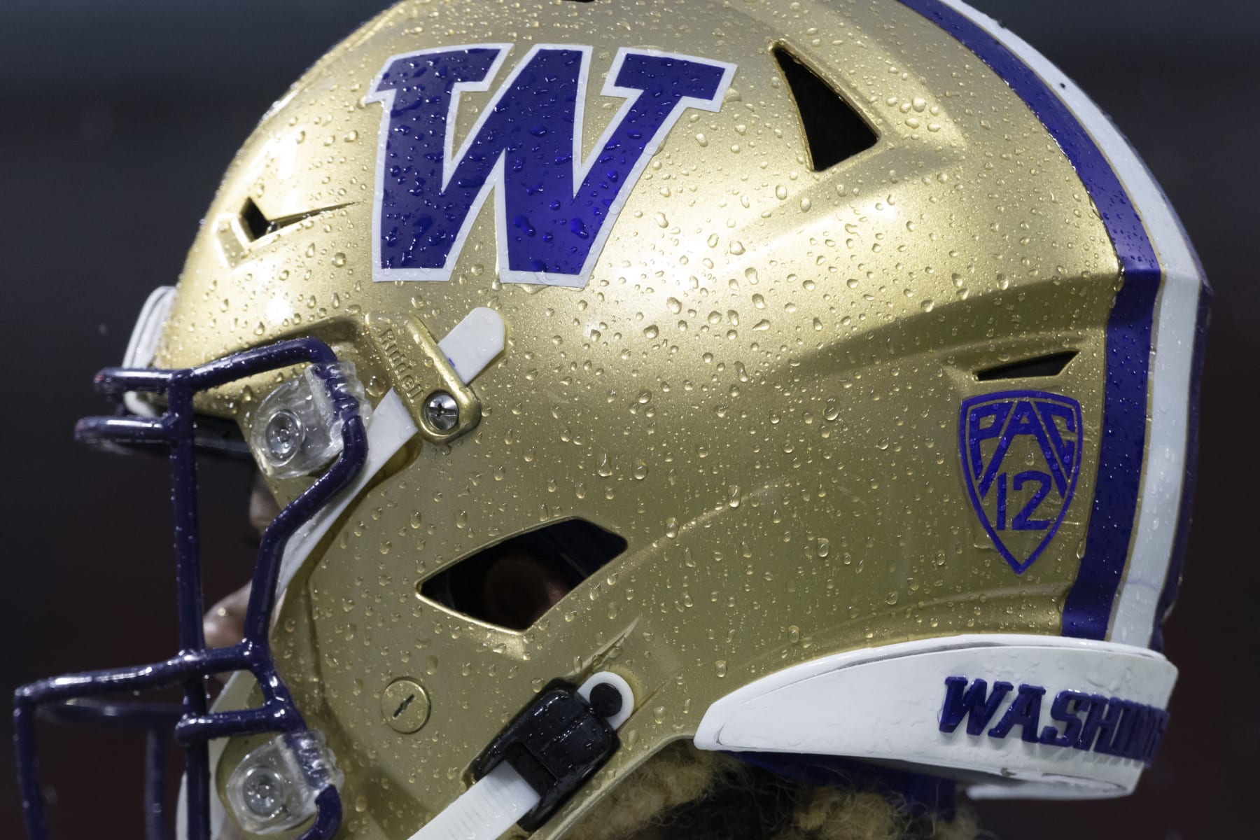 CORVALLIS, OREGON - NOVEMBER 18: A close up of wide receiver Rome Odunze #1 of the Washington Huskies helmet in the rain as he warms up against the Oregon State Beavers at Reser Stadium on November 18, 2023 in Corvallis, Oregon. (Photo by Tom Hauck/Getty Images)