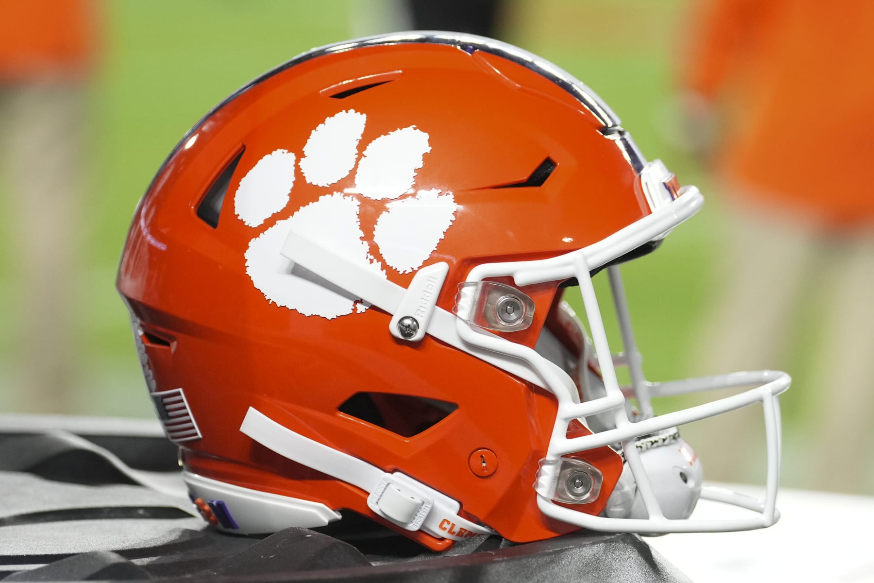 MIAMI GARDENS, FL - OCTOBER 21: A Clemson Tigers helmet rests near the sidelines during the game between the Clemson Tigers and the Miami Hurricanes on Saturday, October 21, 2023 at Hard Rock Stadium, Miami Gardens, Fla. (Photo by Peter Joneleit/Icon Sportswire via Getty Images)