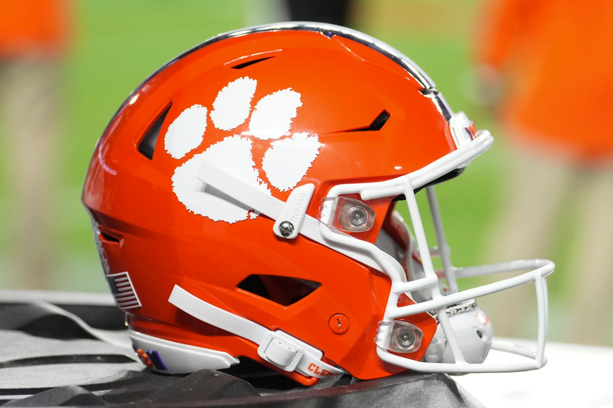 MIAMI GARDENS, FL - OCTOBER 21: A Clemson Tigers helmet rests near the sidelines during the game between the Clemson Tigers and the Miami Hurricanes on Saturday, October 21, 2023 at Hard Rock Stadium, Miami Gardens, Fla. (Photo by Peter Joneleit/Icon Sportswire via Getty Images)