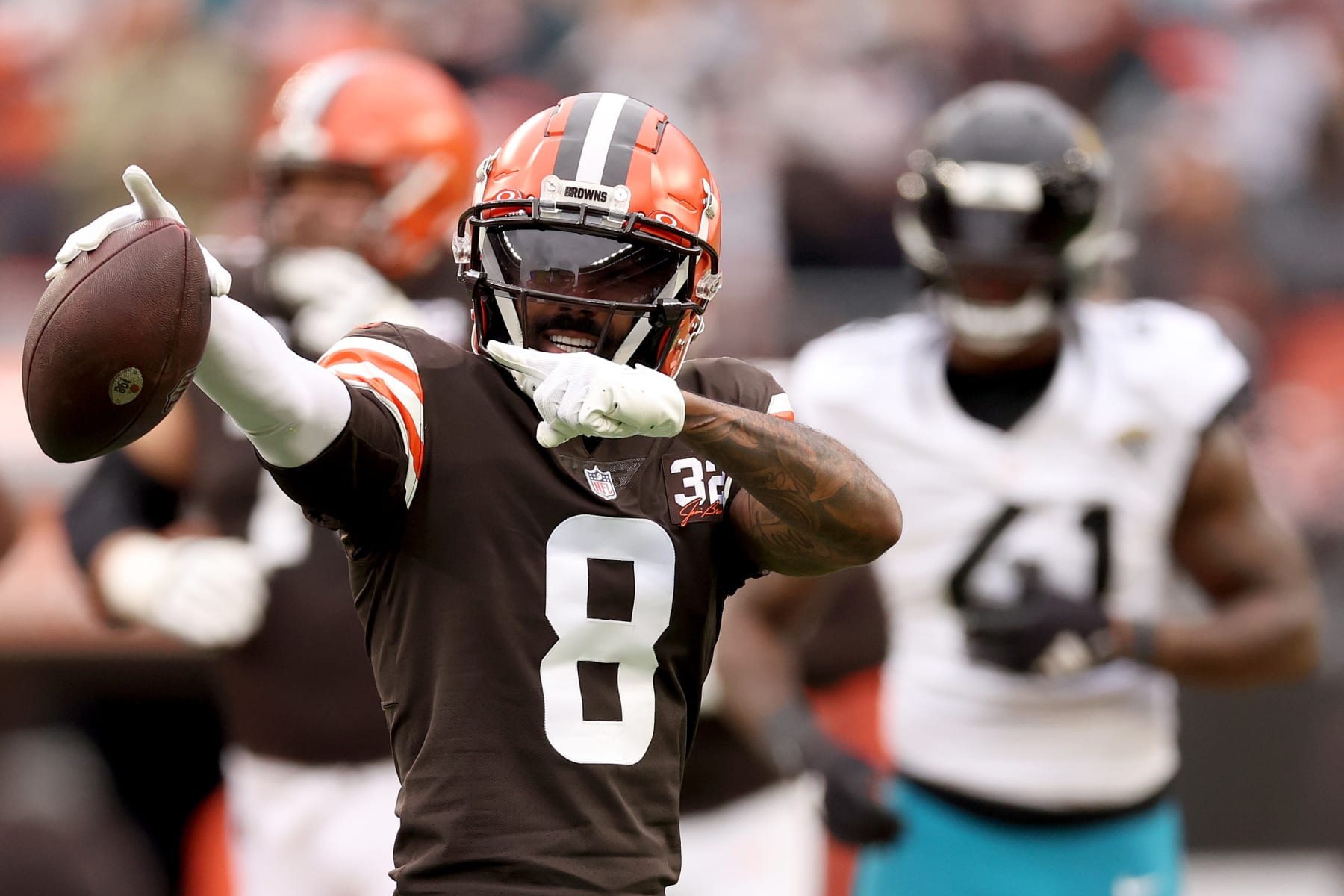 CLEVELAND, OHIO - DECEMBER 10: Elijah Moore #8 of the Cleveland Browns reacts to a first down during the second quarter against the Jacksonville Jaguars at Cleveland Browns Stadium on December 10, 2023 in Cleveland, Ohio. (Photo by Gregory Shamus/Getty Images)