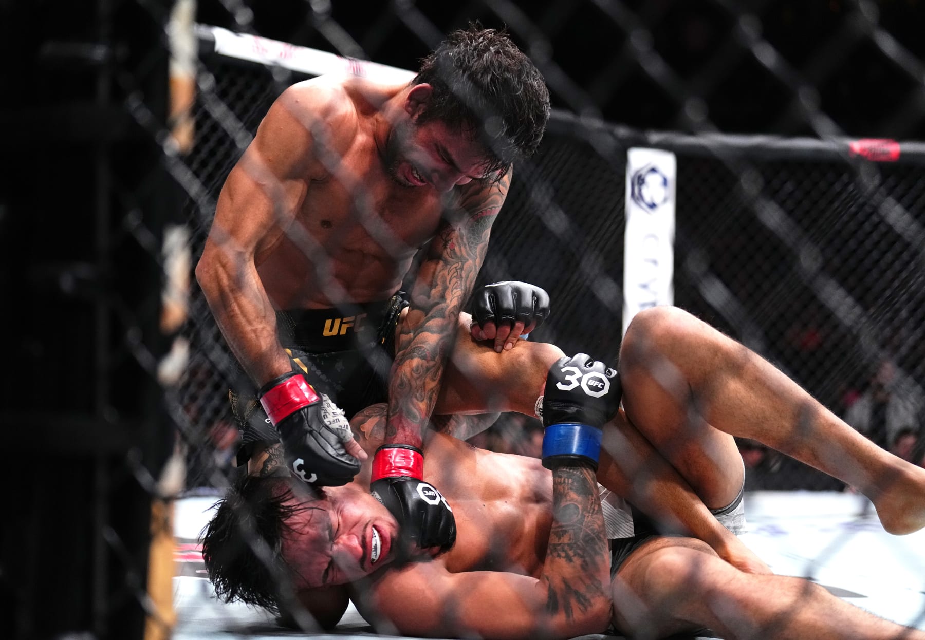 LAS VEGAS, NEVADA - DECEMBER 16: (L-R) Alexandre Pantoja of Brazil punches Brandon Royval in the UFC flyweight championship fight during the UFC 296 event at T-Mobile Arena on December 16, 2023 in Las Vegas, Nevada. (Photo by Chris Unger/Zuffa LLC via Getty Images)
