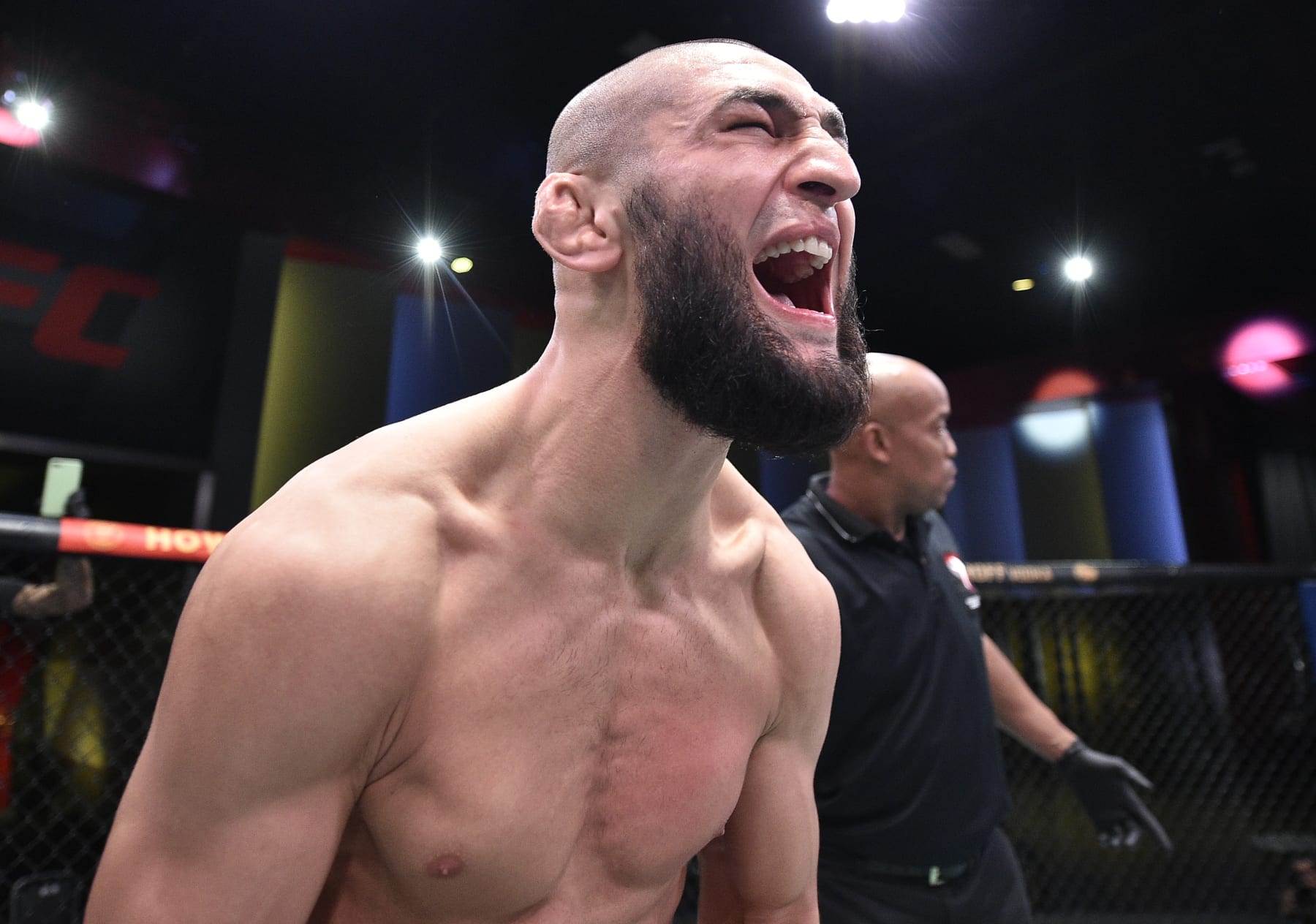 LAS VEGAS, NEVADA - SEPTEMBER 19: Khamzat Chimaev of Chechnya celebrates after his knockout victory over Gerald Meerschaert in their middleweight bout during the UFC Fight Night event at UFC APEX on September 19, 2020 in Las Vegas, Nevada. (Photo by Chris Unger/Zuffa LLC)