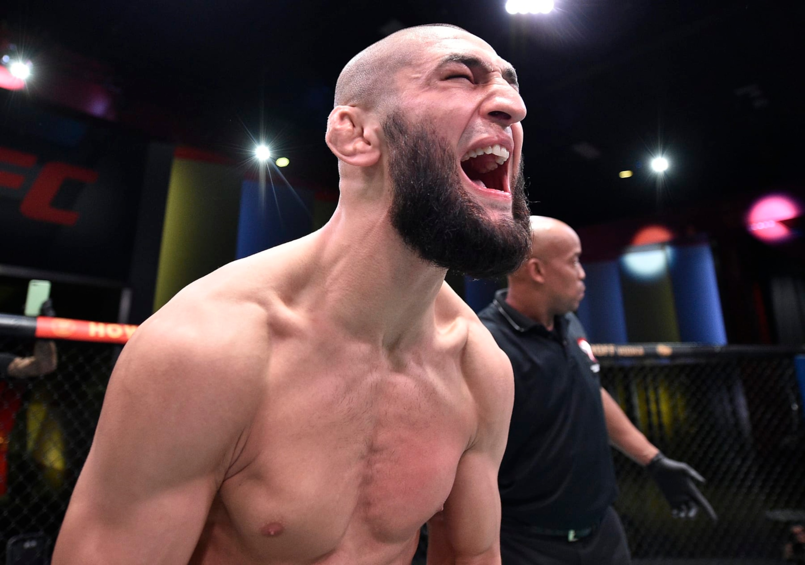 LAS VEGAS, NEVADA - SEPTEMBER 19: Khamzat Chimaev of Chechnya celebrates after his knockout victory over Gerald Meerschaert in their middleweight bout during the UFC Fight Night event at UFC APEX on September 19, 2020 in Las Vegas, Nevada. (Photo by Chris Unger/Zuffa LLC)