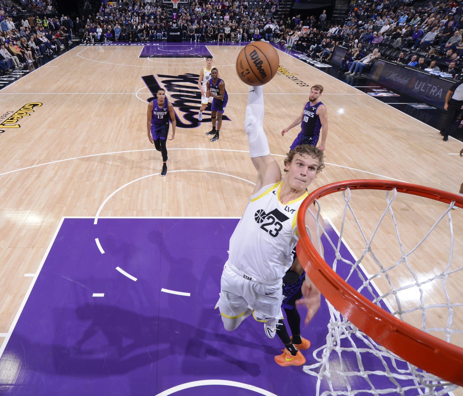 SACRAMENTO, CA - DECEMBER 16: Lauri Markkanen #23 of the Utah Jazz drives to the basket during the game against the Sacramento Kings on December 16, 2023 at Golden 1 Center in Sacramento, California. NOTE TO USER: User expressly acknowledges and agrees that, by downloading and or using this Photograph, user is consenting to the terms and conditions of the Getty Images License Agreement. Mandatory Copyright Notice: Copyright 2023 NBAE (Photo by Rocky Widner/NBAE via Getty Images)
