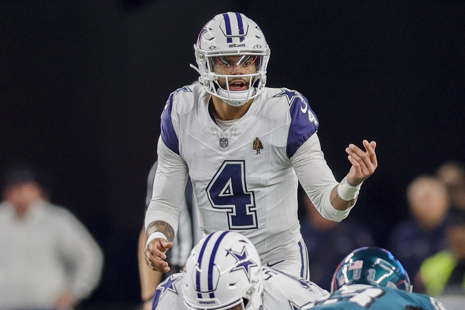 ARLINGTON, TX - DECEMBER 10: Dallas Cowboys quarterback Dak Prescott (4) calls out signals during the game between the Dallas Cowboys and the Philadelphia Eagles on December 10, 2023 at AT&T Stadium in Arlington, Texas. (Photo by Matthew Pearce/Icon Sportswire via Getty Images)