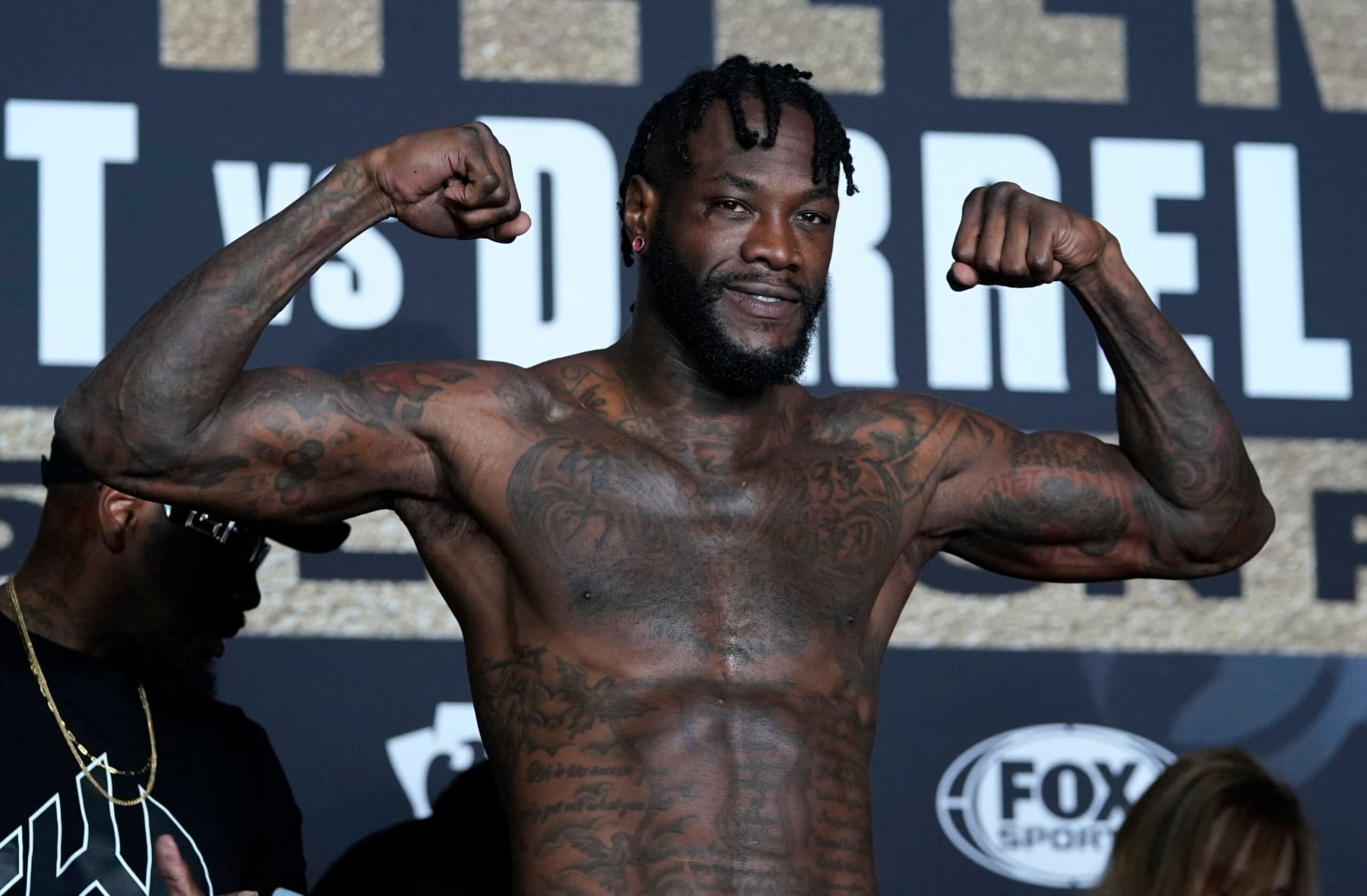 Former WBC Heavyweight World Champion boxer Deontay The Bronze Bomber Wilder poses during his weigh-in ahead of their WBC Heavyweight title fight against Swedish-Finnish boxer Robert The Nordic Nightmare Helenius in New York City on October 14, 2022. - Wilder and Helenius will fight on October 15, 2022 at Barclays Center. (Photo by TIMOTHY A. CLARY / AFP) (Photo by TIMOTHY A. CLARY/AFP via Getty Images)