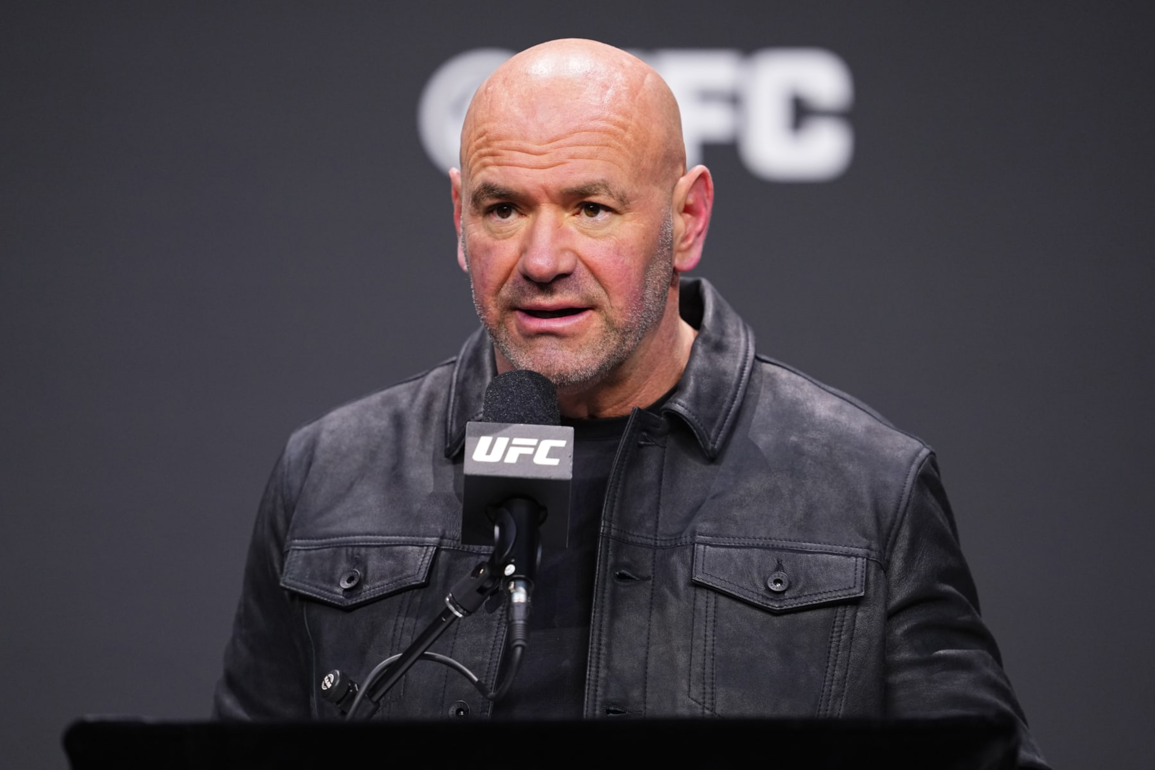 LAS VEGAS, NEVADA - DECEMBER 15: UFC CEO Dana White is seen on stage during the UFC 2024 seasonal press conference at MGM Grand Garden Arena on December 15, 2023 in Las Vegas, Nevada. (Photo by Chris Unger/Zuffa LLC via Getty Images) LAS VEGAS, NEVADA - DECEMBER 15: UFC CEO Dana White is seen on stage during the UFC 2024 seasonal press conference at MGM Grand Garden Arena on December 15, 2023 in Las Vegas, Nevada. (Photo by Chris Unger/Zuffa LLC via Getty Images)