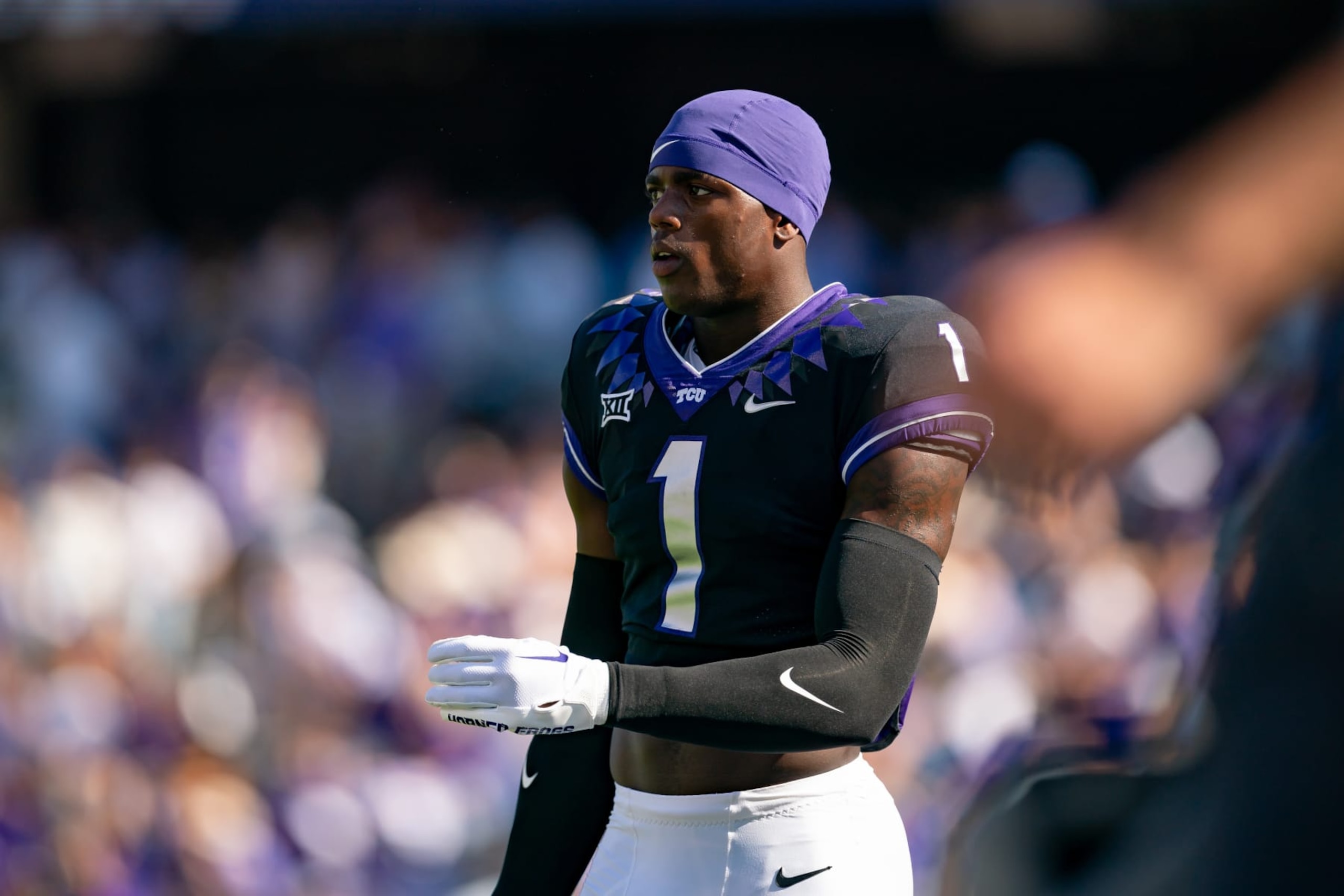 FORT WORTH, TX - SEPTEMBER 23: TCU Horned Frogs wide receiver Cordale Russell (1) walks to the locker room before a college football game between Southern Methodist Mustangs and TCU Horned Frogs on Sept 23, 2023, at Amon G Cater Stadium in Fort Worth, TX. (Photo by Chris Leduc/Icon Sportswire via Getty Images)