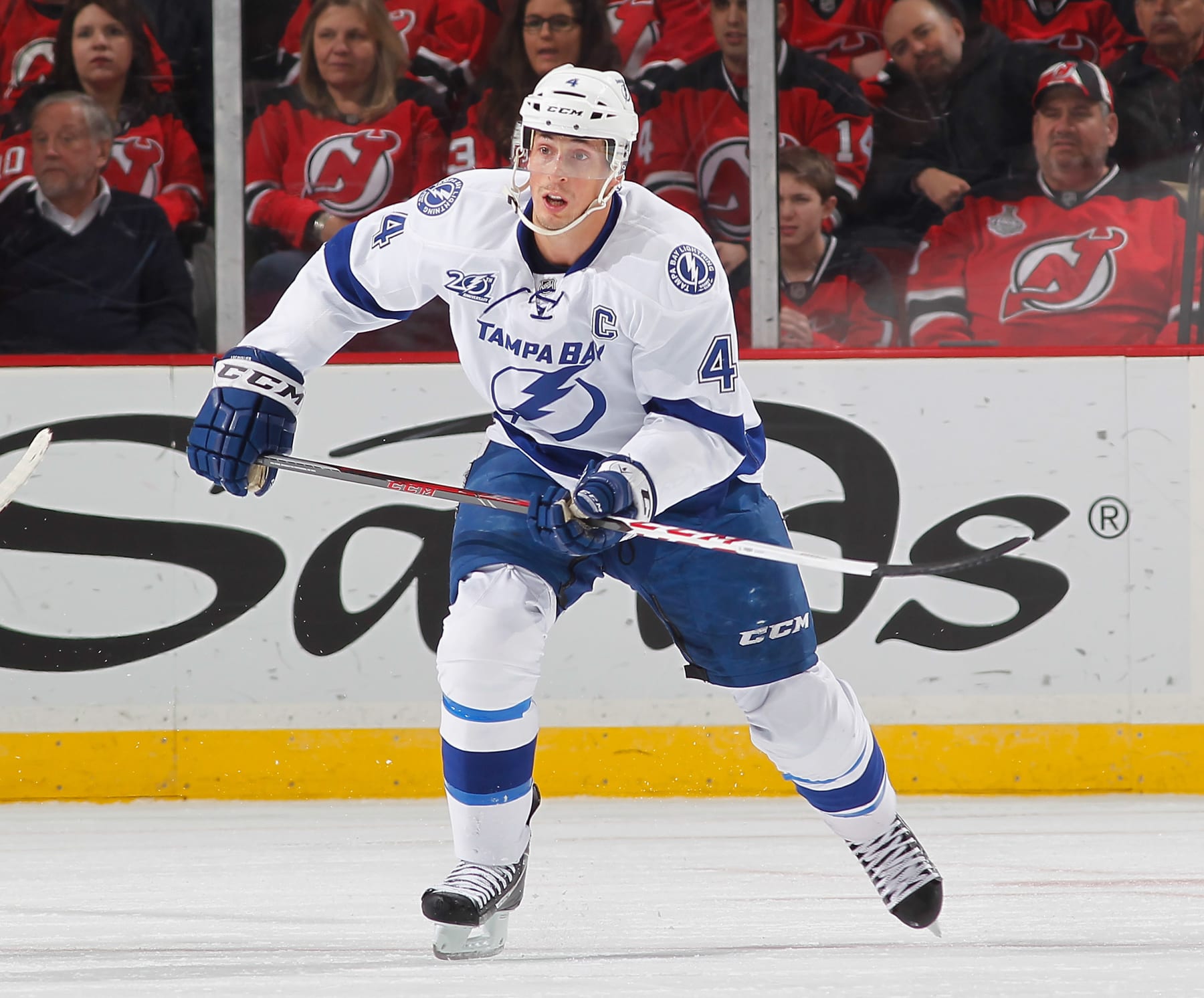 NEWARK, NJ - FEBRUARY 07: Vincent Lecavalier #4 of the Tampa Bay Lightning skates against the New Jersey Devils during the game at the Prudential Center on February 7, 2013 in Newark, New Jersey. (Photo by Andy Marlin/NHLI via Getty Images)