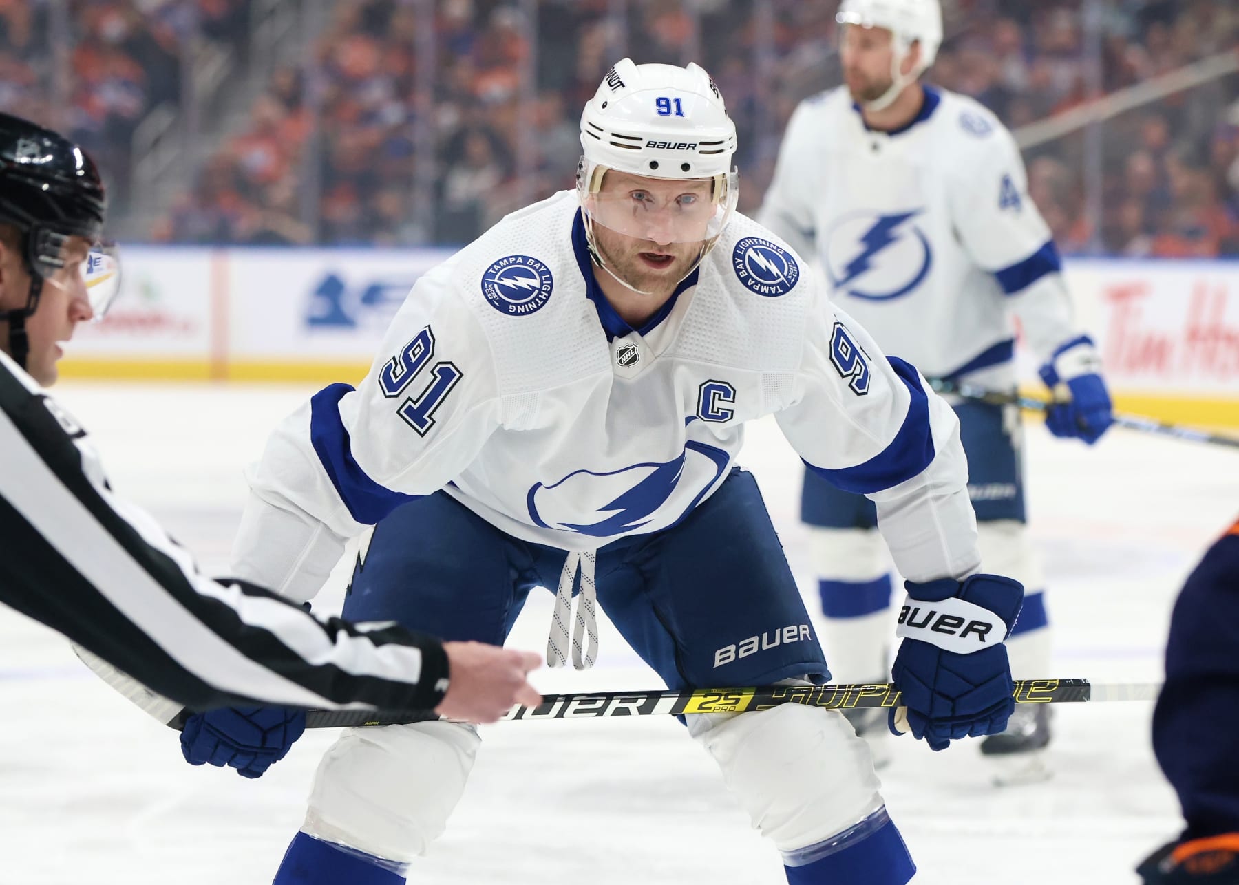 EDMONTON, CANADA - DECEMBER 14: Steven Stamkos #91 of the Tampa Bay Lightning gets ready for a face off in the first period against the Edmonton Oilers on December 14, 2023 at Rogers Place in Edmonton, Alberta, Canada. (Photo by Lawrence Scott/Getty Images)