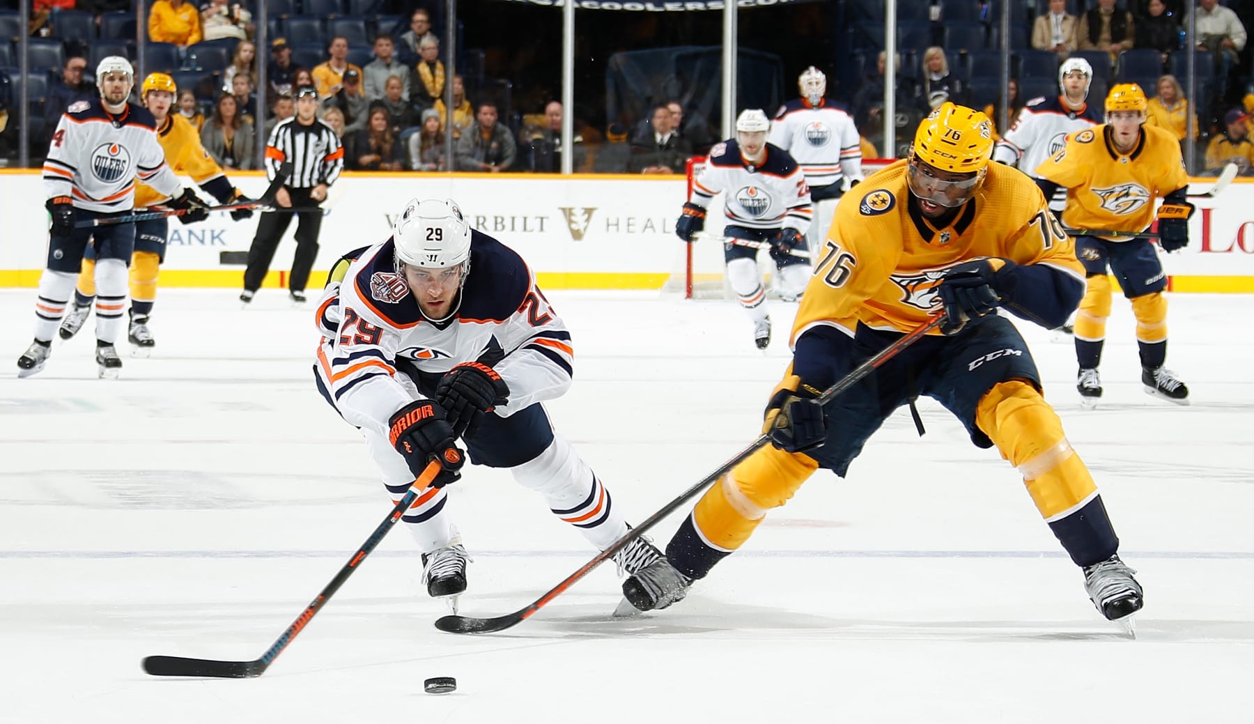 Edmonton Oilers center Leon Draisaitl (left) battles then-Nashville Predators defenseman P.K. Subban in 2018. 