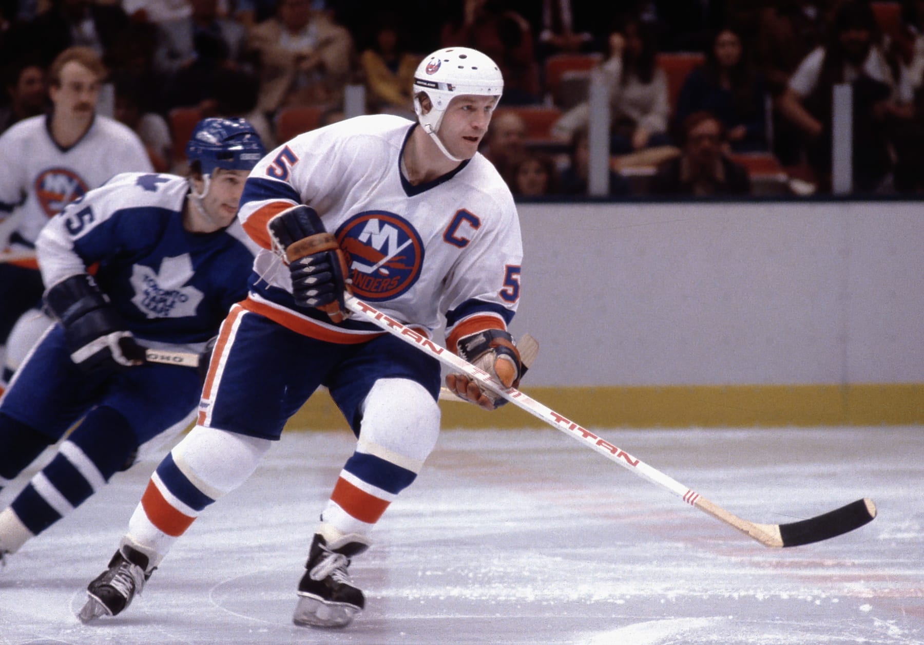 UNIONDALE, NEW YORK - CIRCA 1980: Denis Potvin #5 of the New York Islanders in NHL action circa 1980 at the Nassau Coliseum in Uniondale, New York.  (Photo by Bruce Bennett/Bruce Bennett Studios via Getty Images)