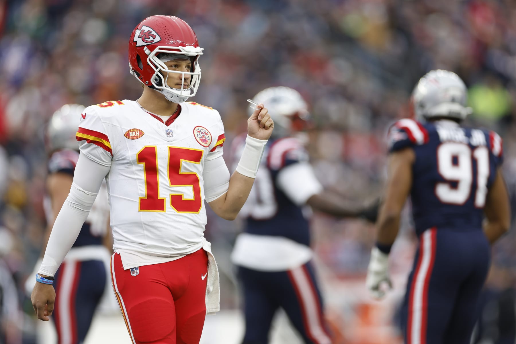 FOXBOROUGH, MASSACHUSETTS - DECEMBER 17: Patrick Mahomes #15 of the Kansas City Chiefs reacts after a flag during the second quarter against the New England Patriots at Gillette Stadium on December 17, 2023 in Foxborough, Massachusetts. (Photo by Sarah Stier/Getty Images)