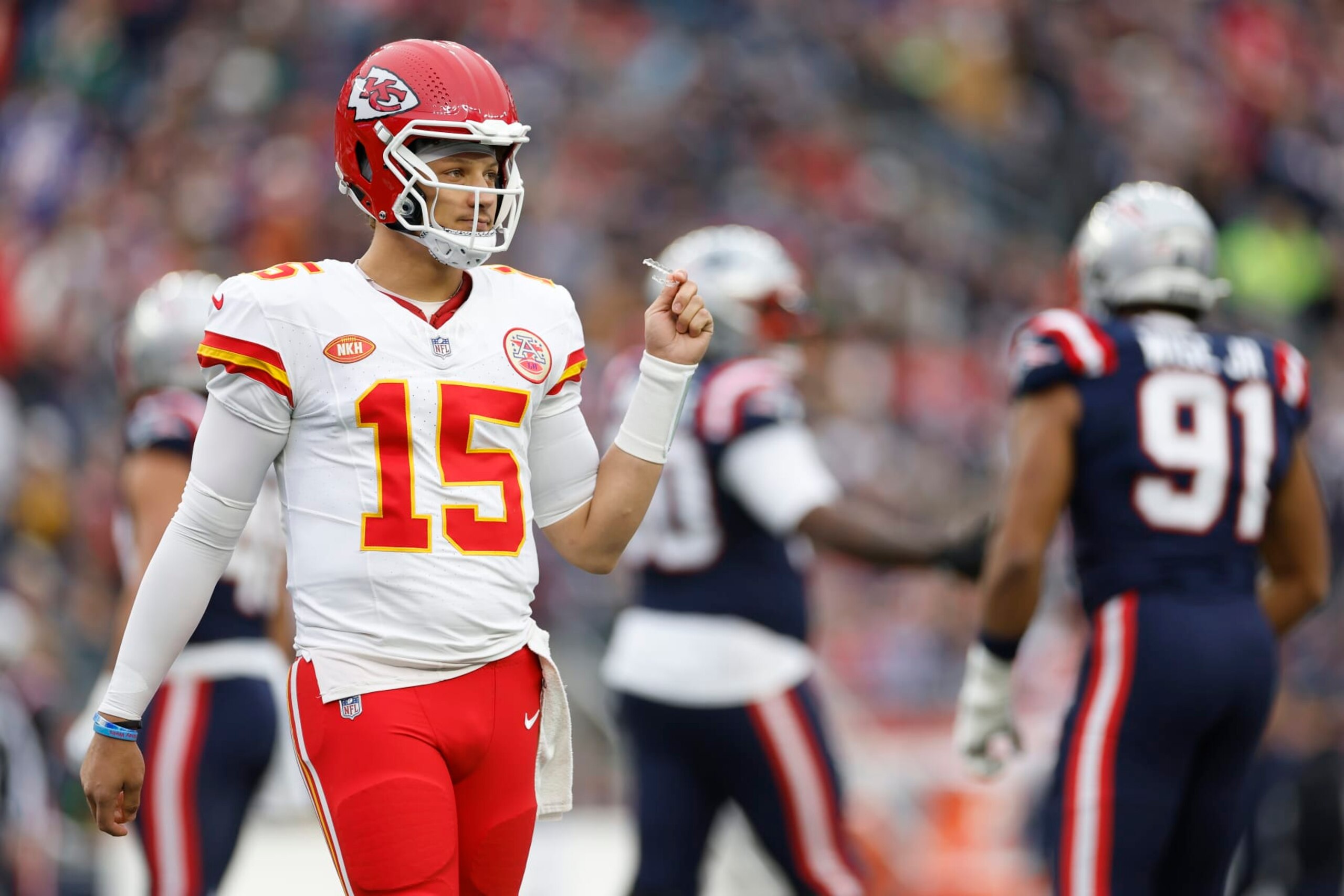FOXBOROUGH, MASSACHUSETTS - DECEMBER 17: Patrick Mahomes #15 of the Kansas City Chiefs reacts after a flag during the second quarter against the New England Patriots at Gillette Stadium on December 17, 2023 in Foxborough, Massachusetts. (Photo by Sarah Stier/Getty Images)