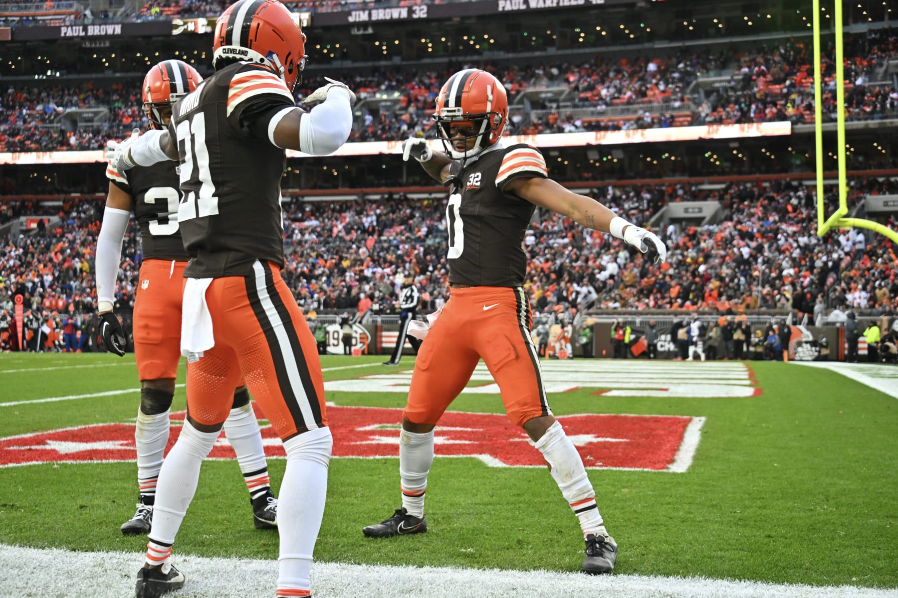 CLEVELAND, OHIO - DECEMBER 17: Greg Newsome II #0 of the Cleveland Browns celebrates after a play during the third quarter against the Chicago Bears at Cleveland Browns Stadium on December 17, 2023 in Cleveland, Ohio. (Photo by Jason Miller/Getty Images)
