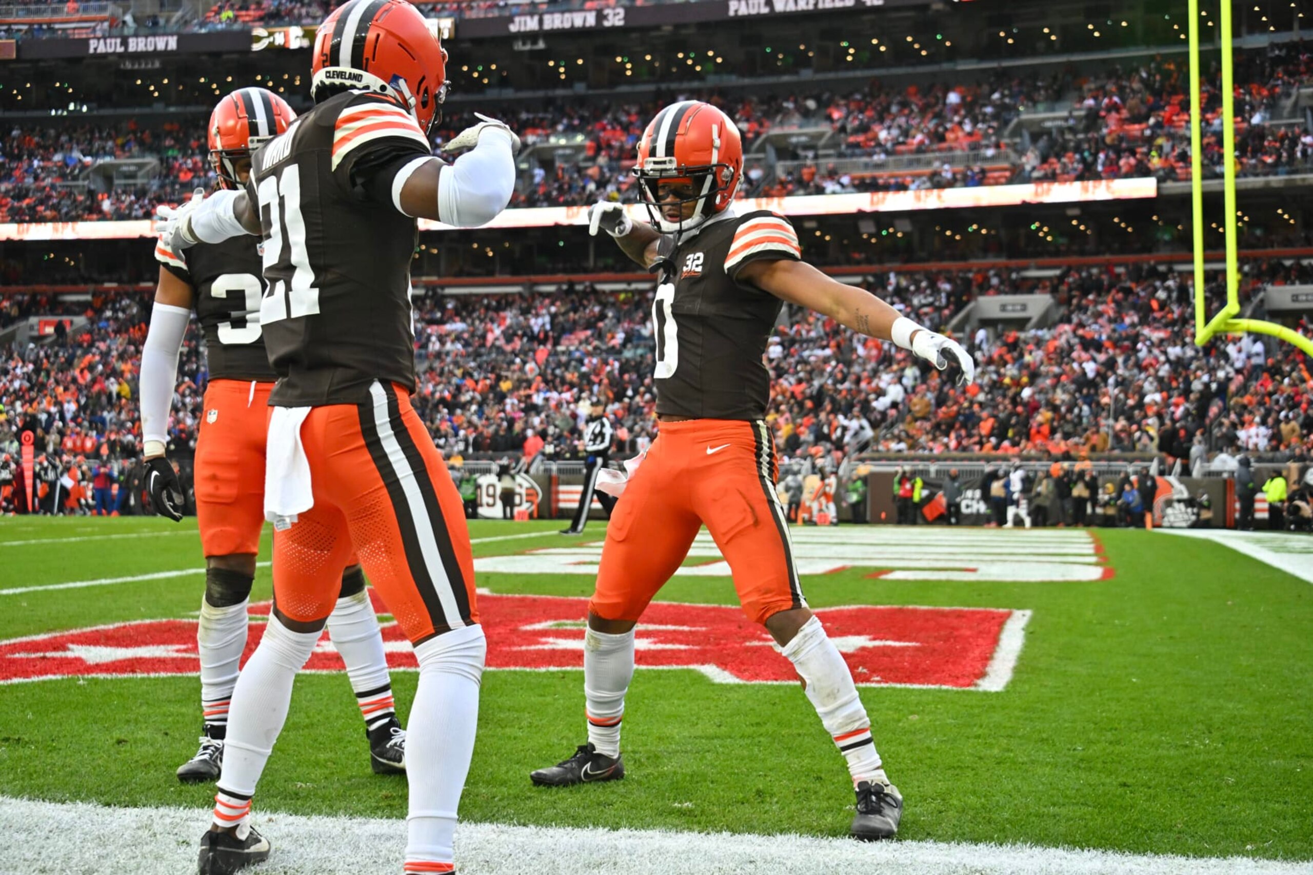 CLEVELAND, OHIO - DECEMBER 17: Greg Newsome II #0 of the Cleveland Browns celebrates after a play during the third quarter against the Chicago Bears at Cleveland Browns Stadium on December 17, 2023 in Cleveland, Ohio. (Photo by Jason Miller/Getty Images)