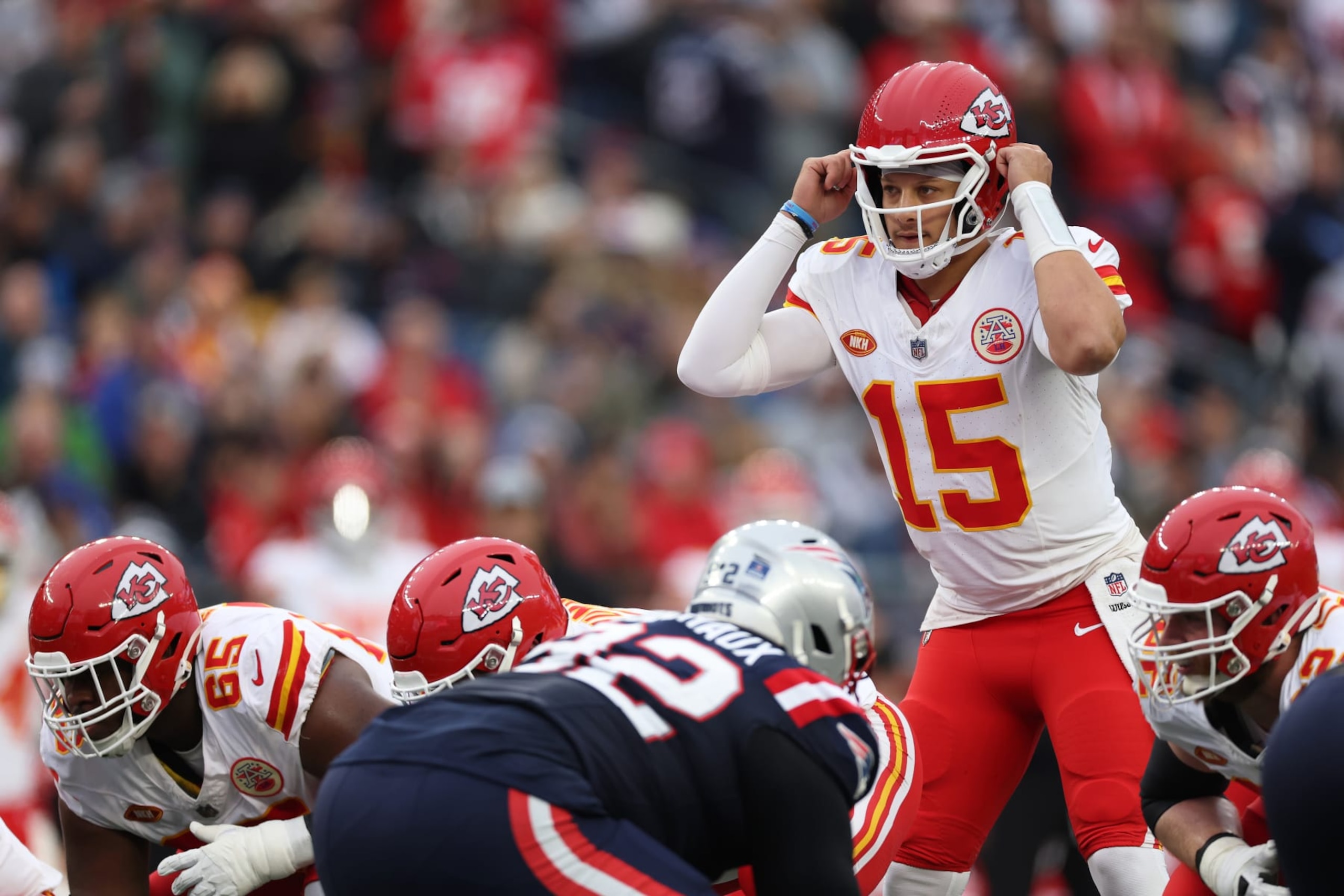 FOXBOROUGH, MASSACHUSETTS - DECEMBER 17: Patrick Mahomes #15 of the Kansas City Chiefs calls a play during the second quarter against the New England Patriots at Gillette Stadium on December 17, 2023 in Foxborough, Massachusetts. (Photo by Maddie Meyer/Getty Images)