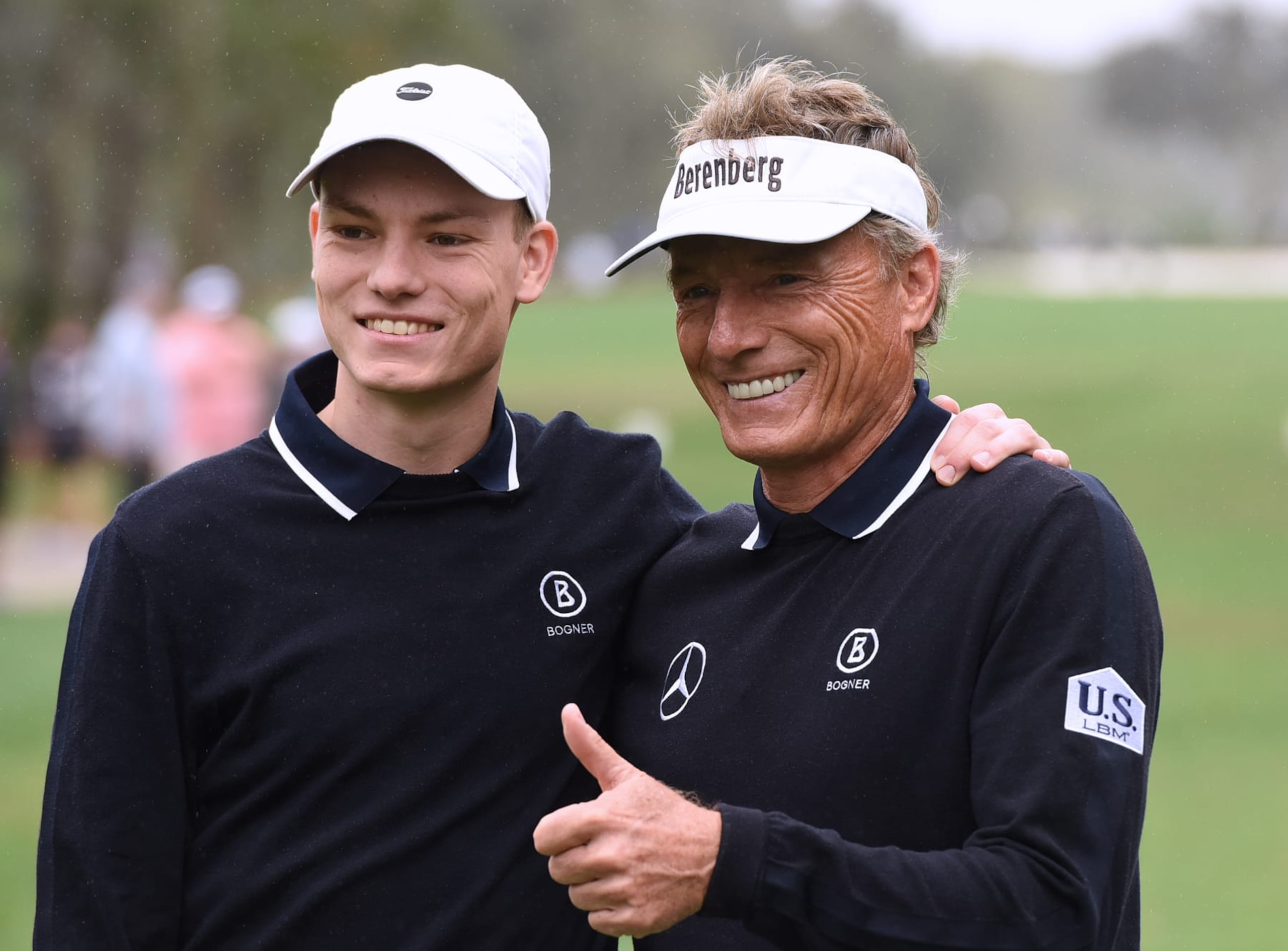 ORLANDO, FLORIDA, UNITED STATES - 2023/12/17: Bernhard Langer poses with his son, Jason Langer, before teeing off on the first hole during the final round of the PNC Championship at the Ritz-Carlton Golf Club in Orlando, Florida. (Photo by Paul Hennessy/SOPA Images/LightRocket via Getty Images)