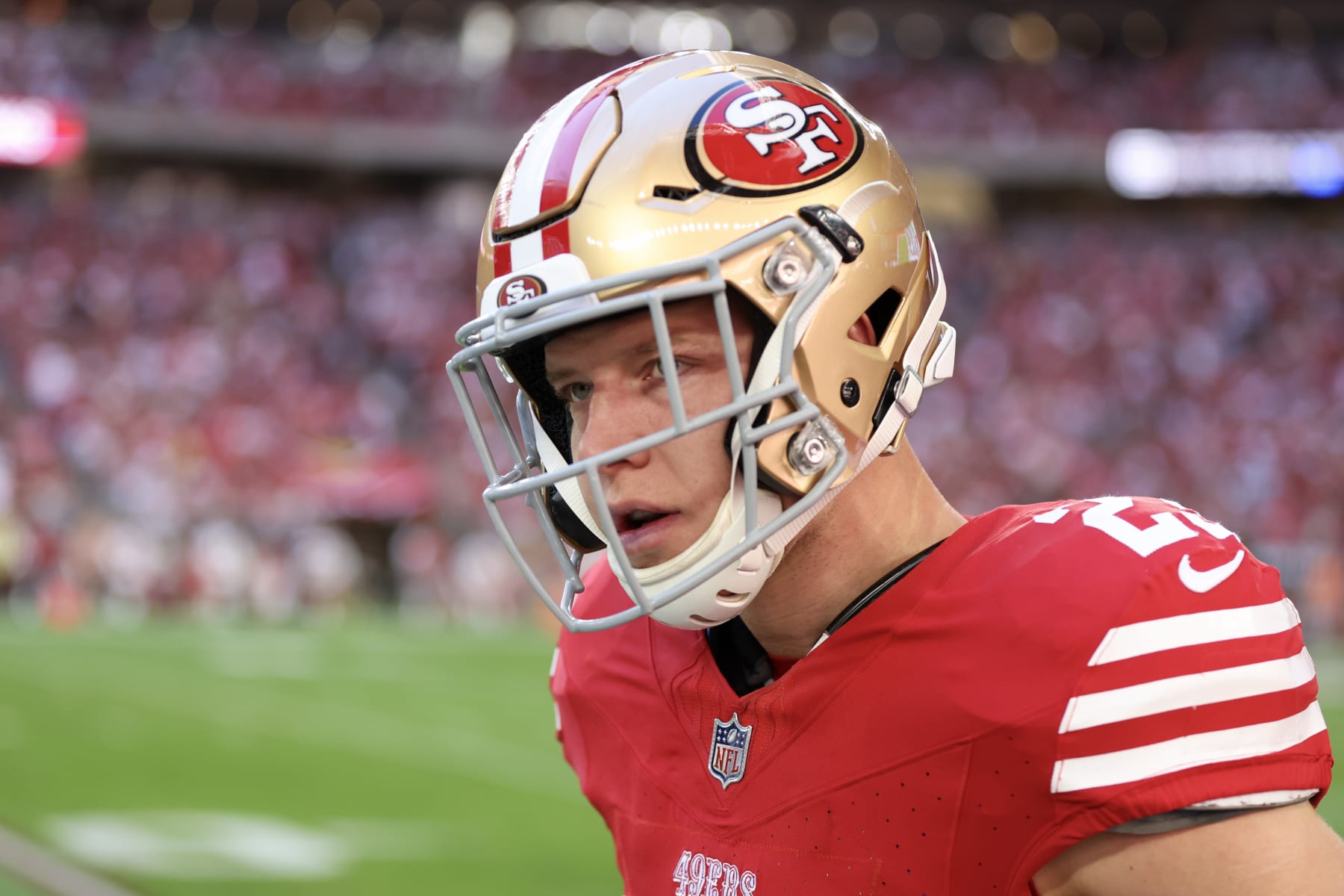 GLENDALE, ARIZONA - DECEMBER 17: Christian McCaffrey #23 of the San Francisco 49ers looks on during the first quarter against the Arizona Cardinals at State Farm Stadium on December 17, 2023 in Glendale, Arizona. (Photo by Christian Petersen/Getty Images)