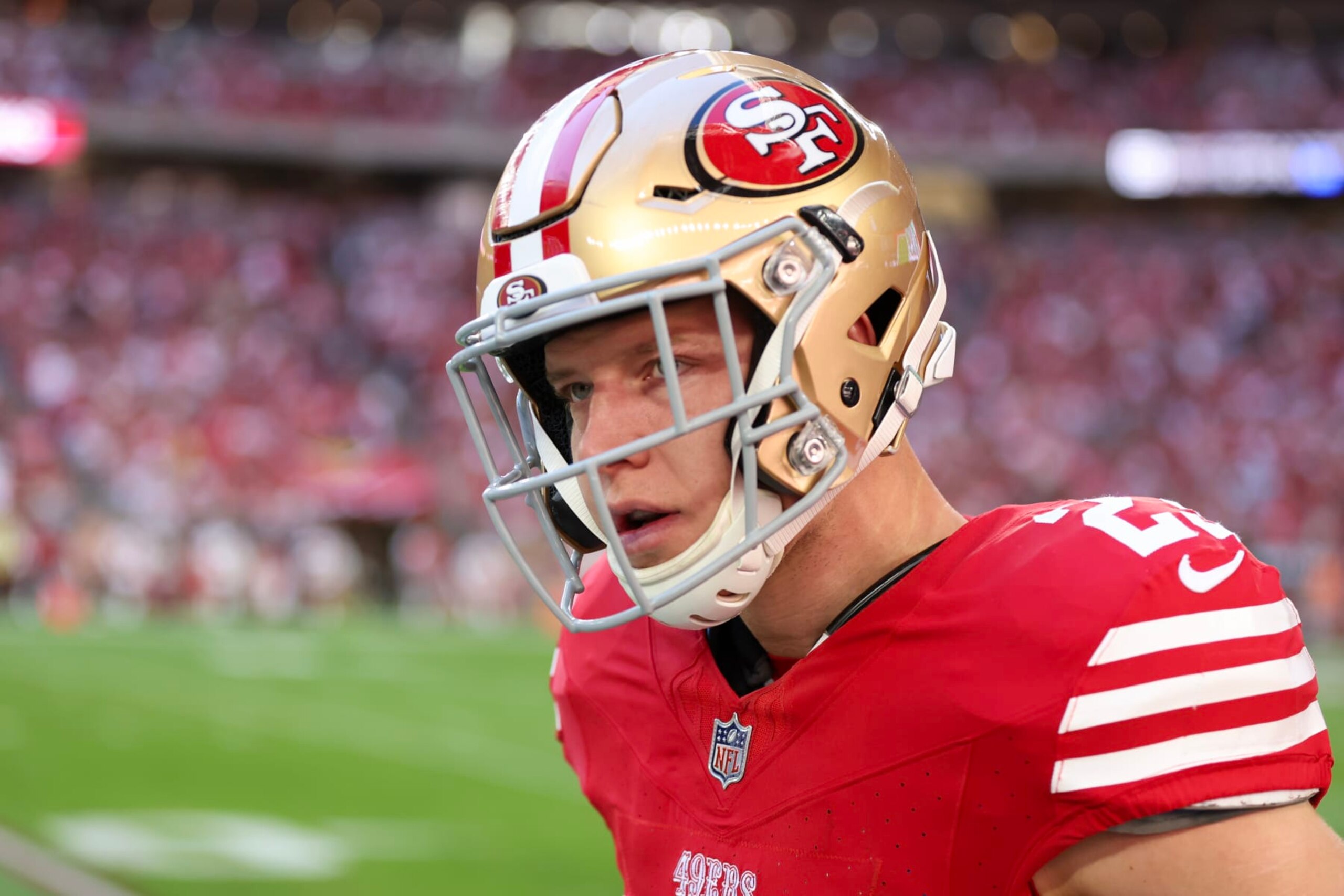 GLENDALE, ARIZONA - DECEMBER 17: Christian McCaffrey #23 of the San Francisco 49ers looks on during the first quarter against the Arizona Cardinals at State Farm Stadium on December 17, 2023 in Glendale, Arizona. (Photo by Christian Petersen/Getty Images)