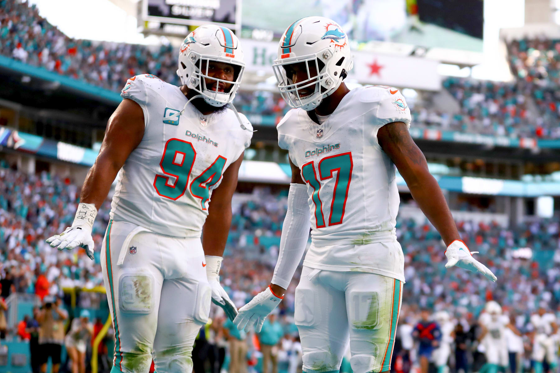 MIAMI GARDENS, FLORIDA - DECEMBER 17: Jaylen Waddle #17 of the Miami Dolphins celebrates after a second quarter touchdown against the New York Jets at Hard Rock Stadium on December 17, 2023 in Miami Gardens, Florida. (Photo by Megan Briggs/Getty Images)
