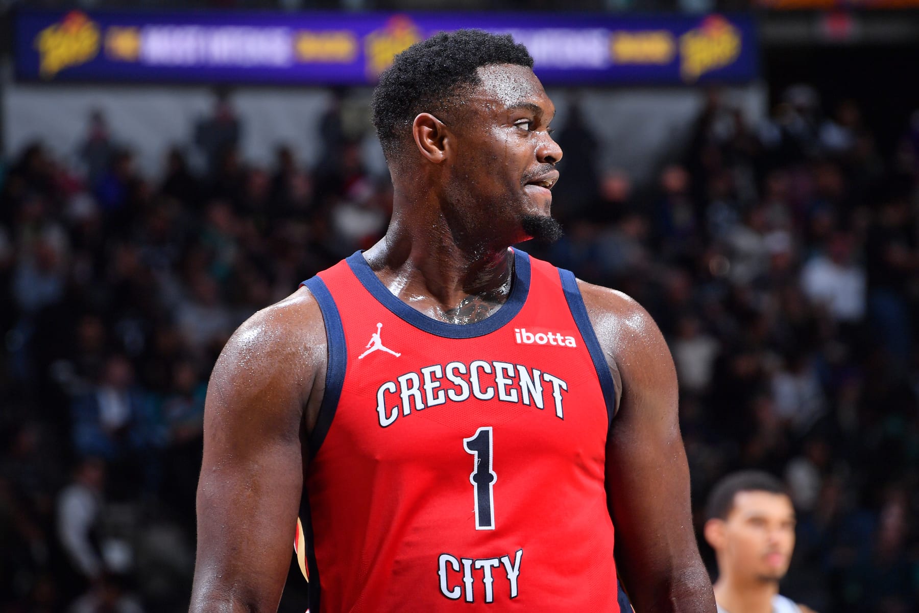 SAN ANTONIO, TX - DECEMBER 17: Zion Williamson #1 of the New Orleans Pelicans looks on during the game against the San Antonio Spurs on December 17, 2023 at the Frost Bank Center in San Antonio, Texas. NOTE TO USER: User expressly acknowledges and agrees that, by downloading and or using this photograph, user is consenting to the terms and conditions of the Getty Images License Agreement. Mandatory Copyright Notice: Copyright 2023 NBAE (Photos by Michael Gonzales/NBAE via Getty Images)