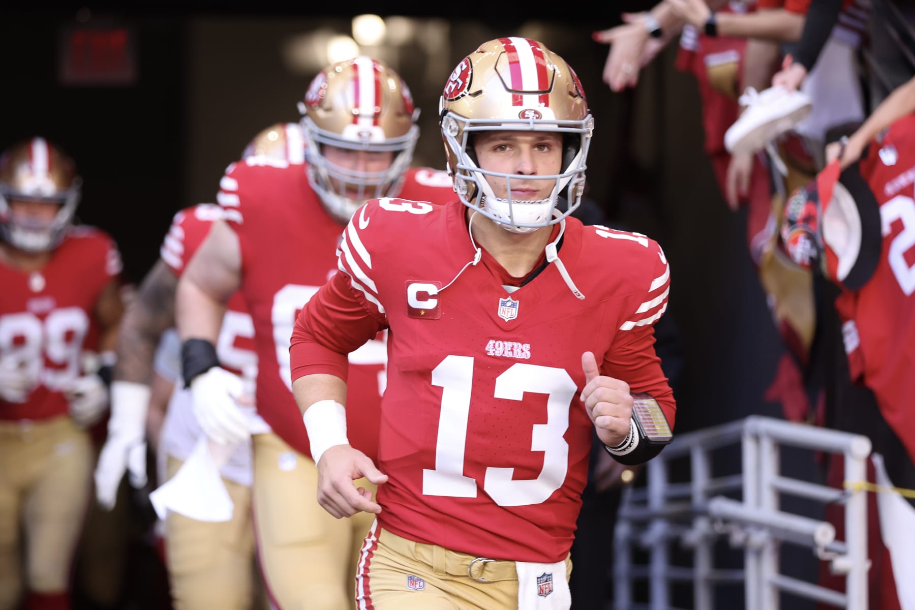 GLENDALE, ARIZONA - DECEMBER 17: Brock Purdy #13 of the San Francisco 49ers takes to the field prior to a game against the Arizona Cardinals at State Farm Stadium on December 17, 2023 in Glendale, Arizona. (Photo by Christian Petersen/Getty Images)