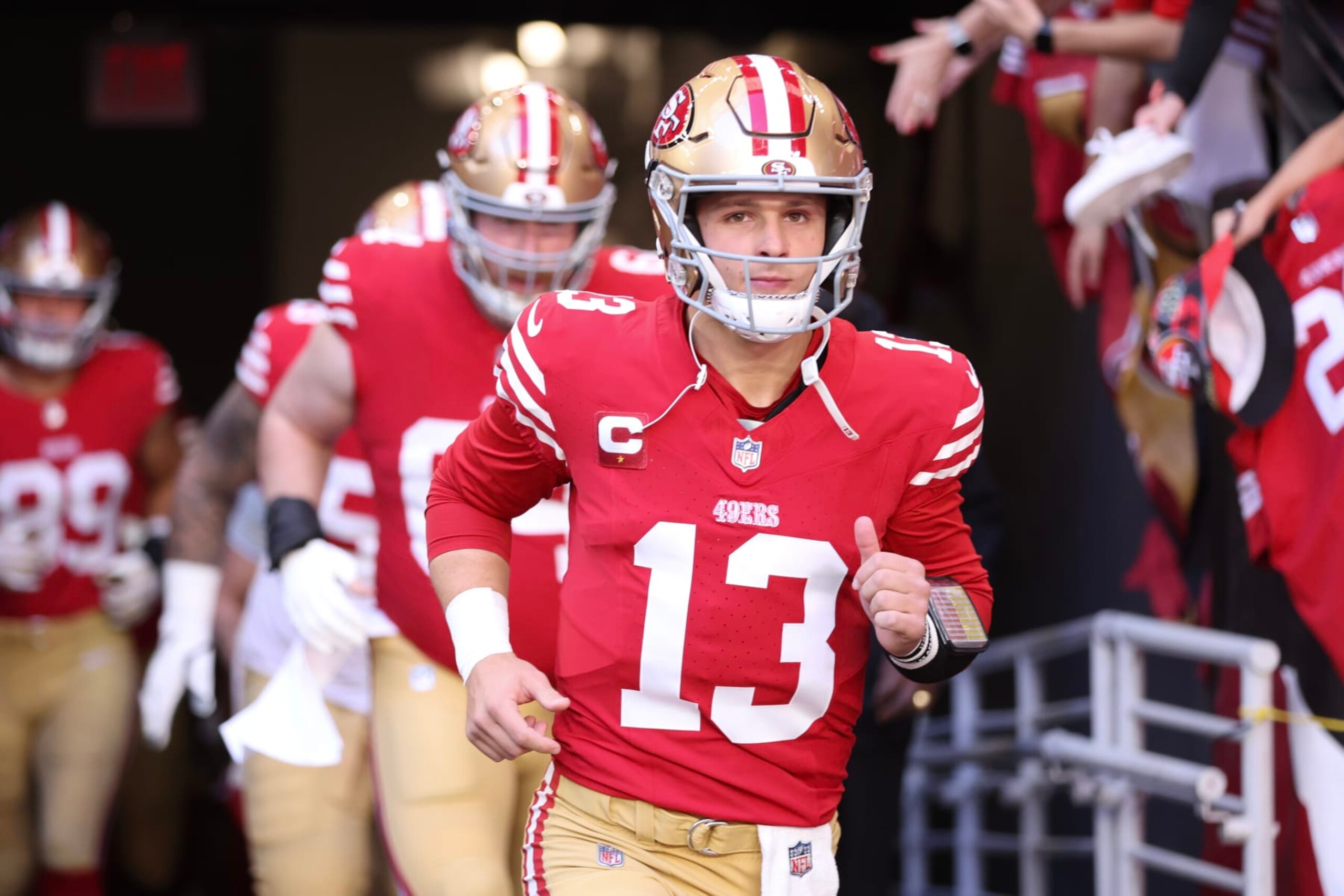 GLENDALE, ARIZONA - DECEMBER 17: Brock Purdy #13 of the San Francisco 49ers takes to the field prior to a game against the Arizona Cardinals at State Farm Stadium on December 17, 2023 in Glendale, Arizona. (Photo by Christian Petersen/Getty Images)