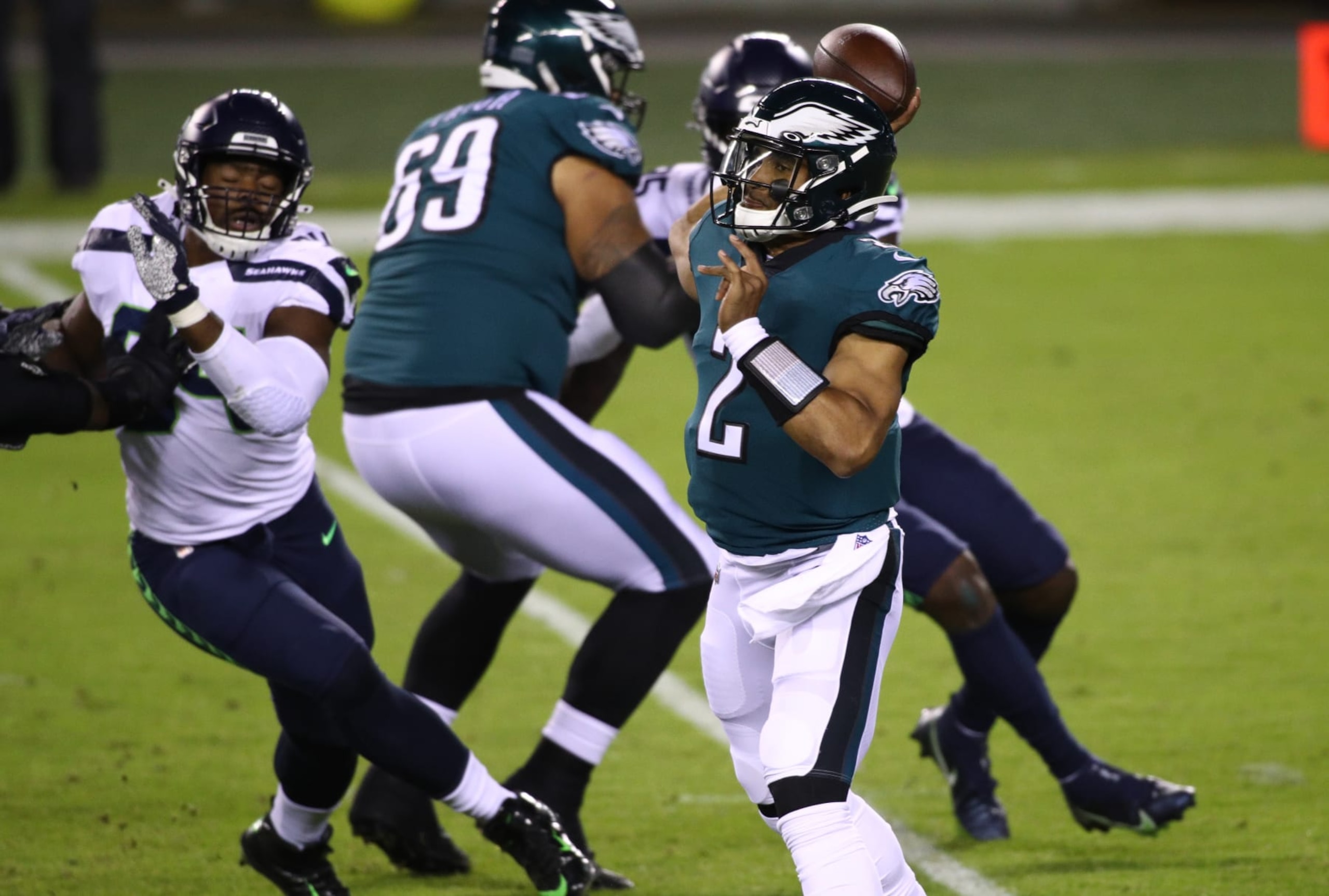 PHILADELPHIA, PA - NOVEMBER 30: Philadelphia Eagles Quarterback Jalen Hurts (2) throws a pass in the first half during the game between the Seattle Seahawks and Philadelphia Eagles on November 30, 2020 at Lincoln Financial Field in Philadelphia, PA. (Photo by Kyle Ross/Icon Sportswire via Getty Images)