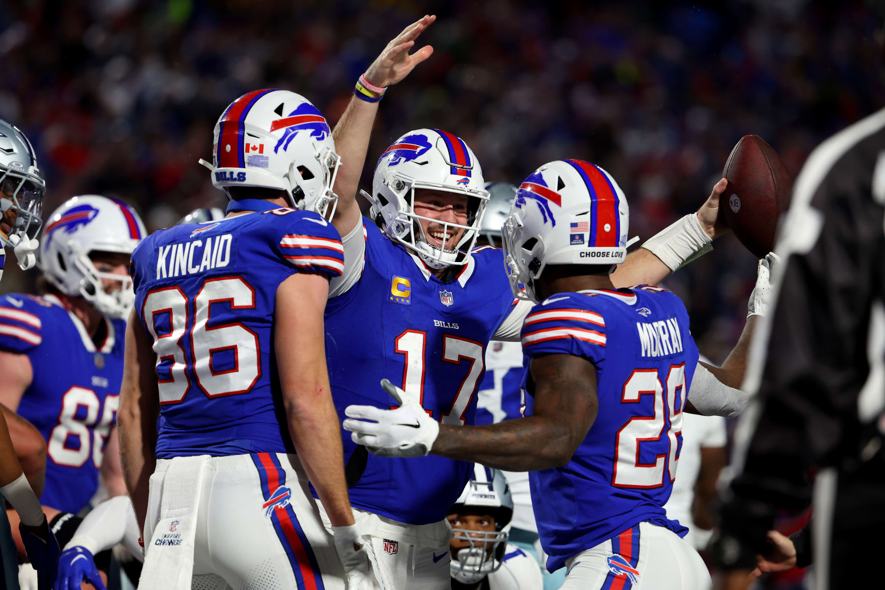 ORCHARD PARK, NEW YORK - DECEMBER 17: Josh Allen #17 of the Buffalo Bills celebrates after his rushing touchdown during the second quarter against the Dallas Cowboys at Highmark Stadium on December 17, 2023 in Orchard Park, New York. (Photo by Timothy T Ludwig/Getty Images)