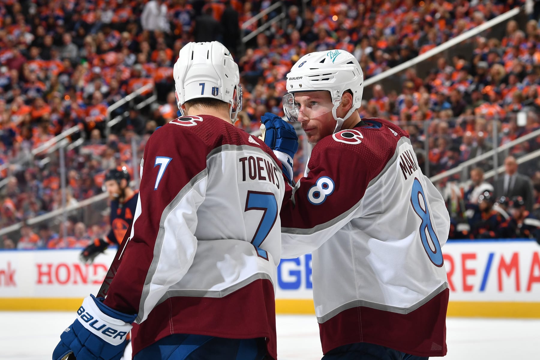 EDMONTON, AB - JUNE 6: Devon Toews #7 and Cale Makar #8 of the Colorado Avalanche discuss the play during Game Four of the Western Conference Finals of the 2022 Stanley Cup Playoffs against the Edmonton Oilers on June 6, 2022 at Rogers Place in Edmonton, Alberta, Canada. (Photo by Andy Devlin/NHLI via Getty Images)