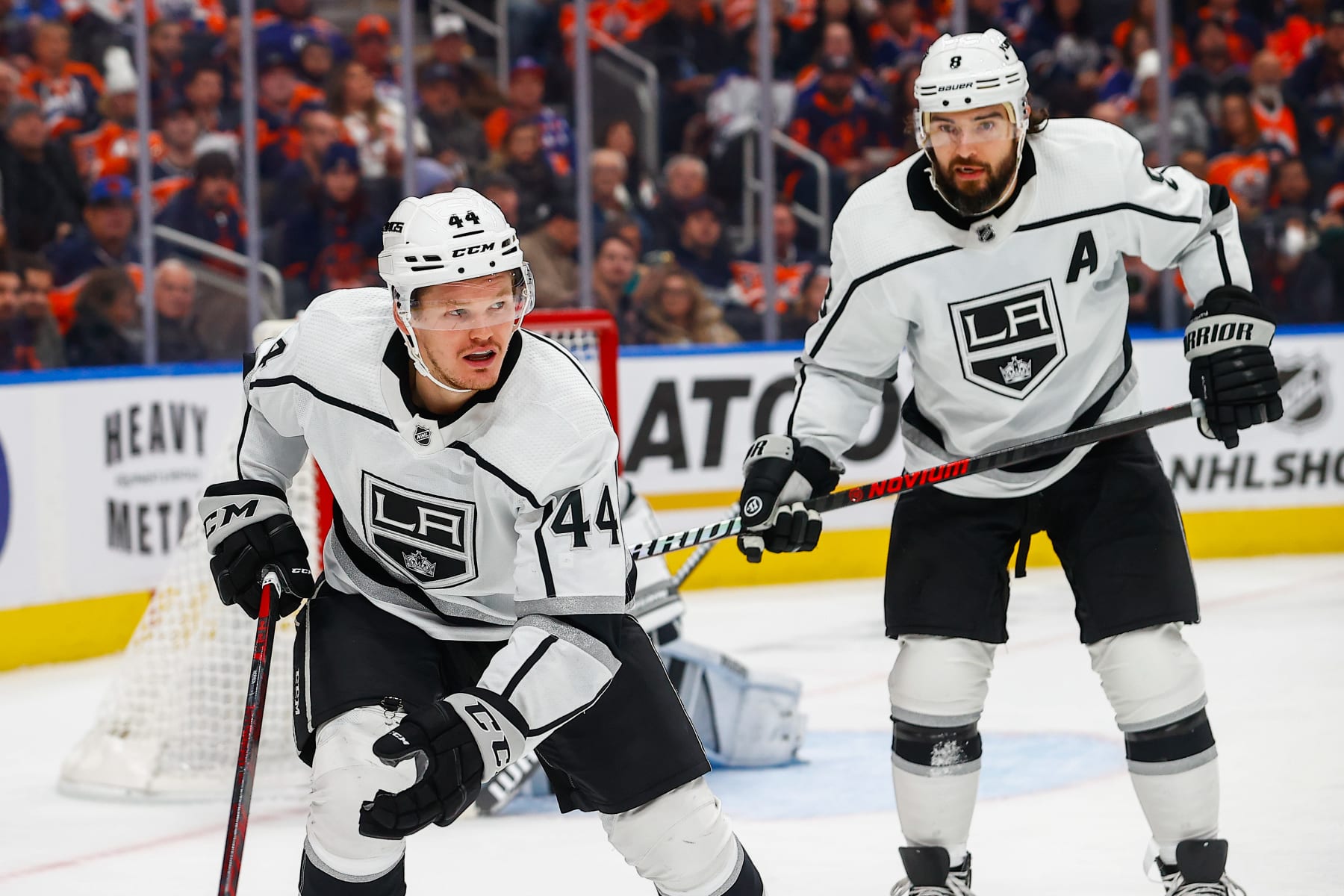 EDMONTON, AB - NOVEMBER 16: Los Angeles Kings Defenceman Mikey Anderson (44) and Los Angeles Kings Defenceman Drew Doughty (8) in action in the third period during the Edmonton Oilers game versus the Los Angeles Kings on November 16, 2022 at Rogers Place in Edmonton, AB. (Photo by Curtis Comeau/Icon Sportswire via Getty Images)