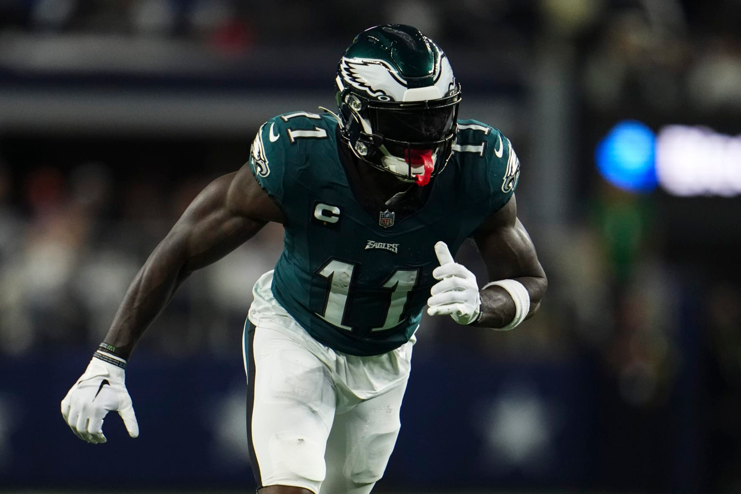 ARLINGTON, TX - DECEMBER 10: A.J. Brown #11 of the Philadelphia Eagles runs a route during an NFL football game against the Dallas Cowboys at AT&T Stadium on December 10, 2023 in Arlington, Texas. (Photo by Cooper Neill/Getty Images)