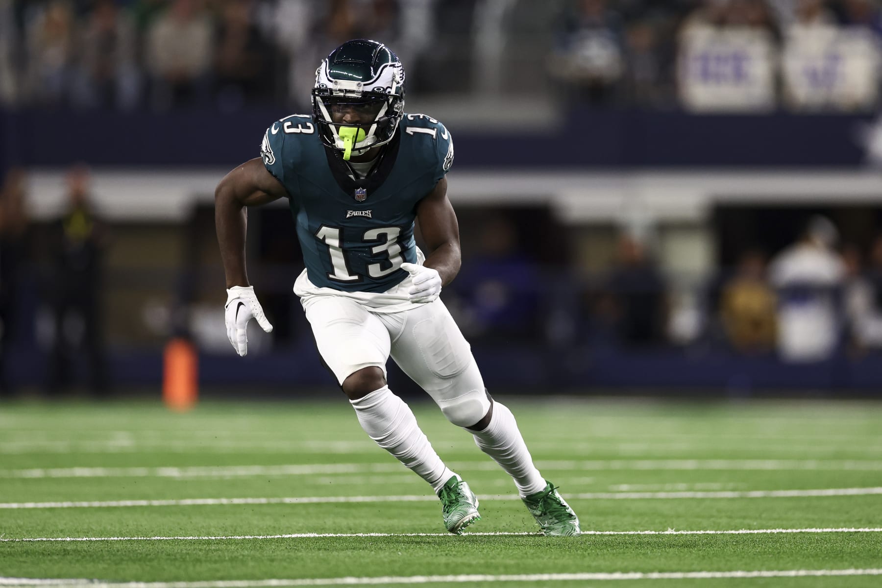 ARLINGTON, TX - DECEMBER 10: Olamide Zaccheaus #13 of the Philadelphia Eagles runs downfield during an NFL football game against the Dallas Cowboys at AT&T Stadium on December 10, 2023 in Arlington, Texas. (Photo by Kevin Sabitus/Getty Images)