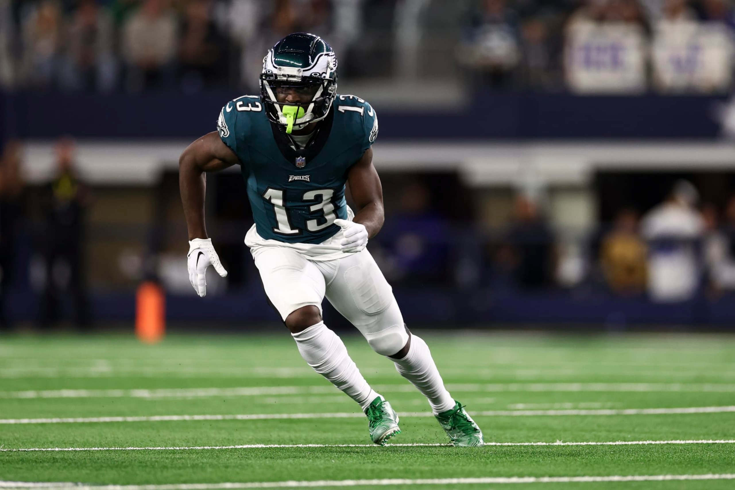 ARLINGTON, TX - DECEMBER 10: Olamide Zaccheaus #13 of the Philadelphia Eagles runs downfield during an NFL football game against the Dallas Cowboys at AT&T Stadium on December 10, 2023 in Arlington, Texas. (Photo by Kevin Sabitus/Getty Images)