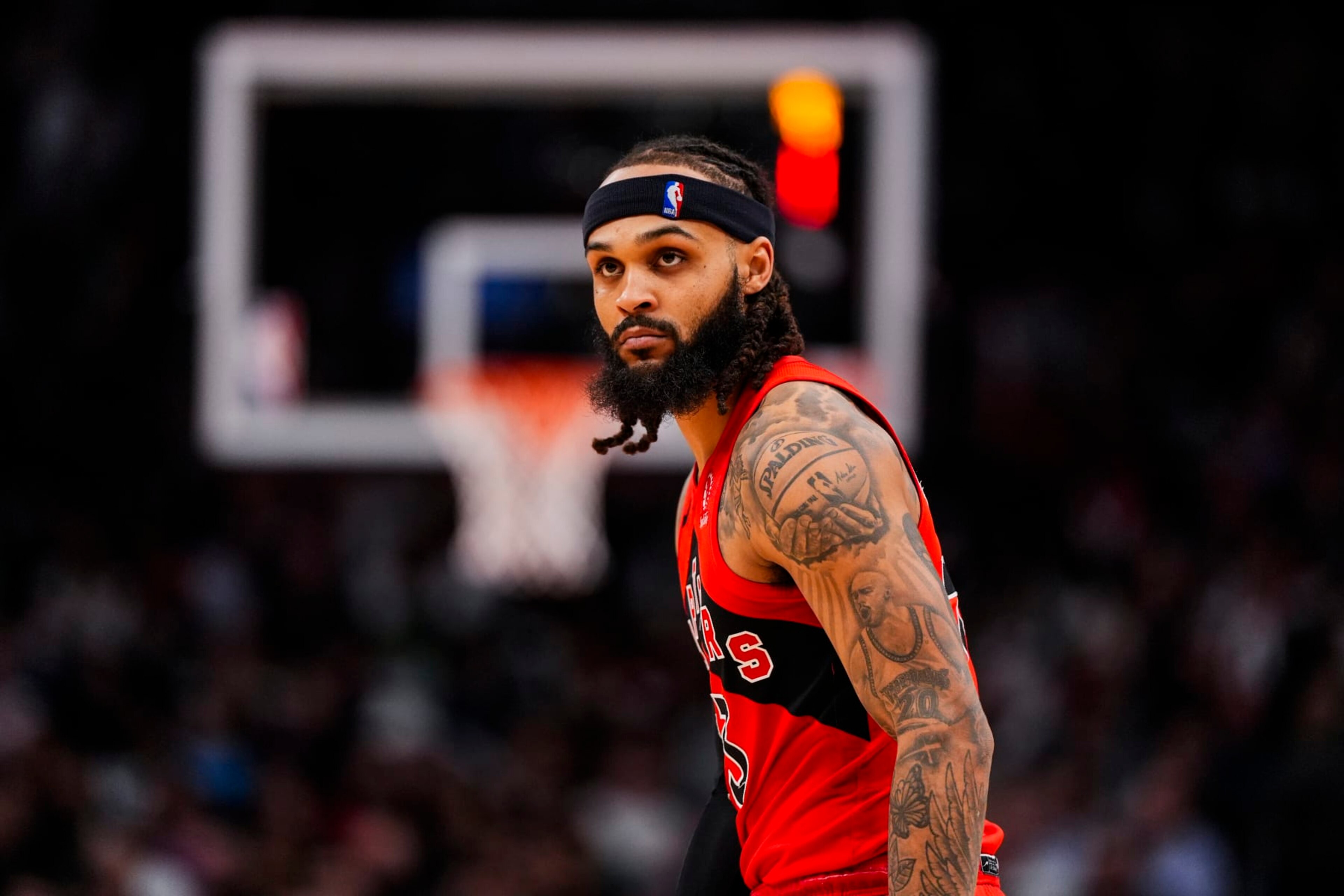 TORONTO, ON - DECEMBER 13: Gary Trent Jr. #33 of the Toronto Raptors looks on against the Atlanta Hawks during second half NBA action at Scotiabank Arena on December 13, 2023 in Toronto, Ontario, Canada. NOTE TO USER: User expressly acknowledges and agrees that, by downloading and/or using this Photograph, user is consenting to the terms and conditions of the Getty Images License Agreement. (Photo by Andrew Lahodynskyj/Getty Images) TORONTO, ON - DECEMBER 13: Gary Trent Jr. #33 of the Toronto Raptors looks on against the Atlanta Hawks during second half NBA action at Scotiabank Arena on December 13, 2023 in Toronto, Ontario, Canada. NOTE TO USER: User expressly acknowledges and agrees that, by downloading and/or using this Photograph, user is consenting to the terms and conditions of the Getty Images License Agreement. (Photo by Andrew Lahodynskyj/Getty Images)